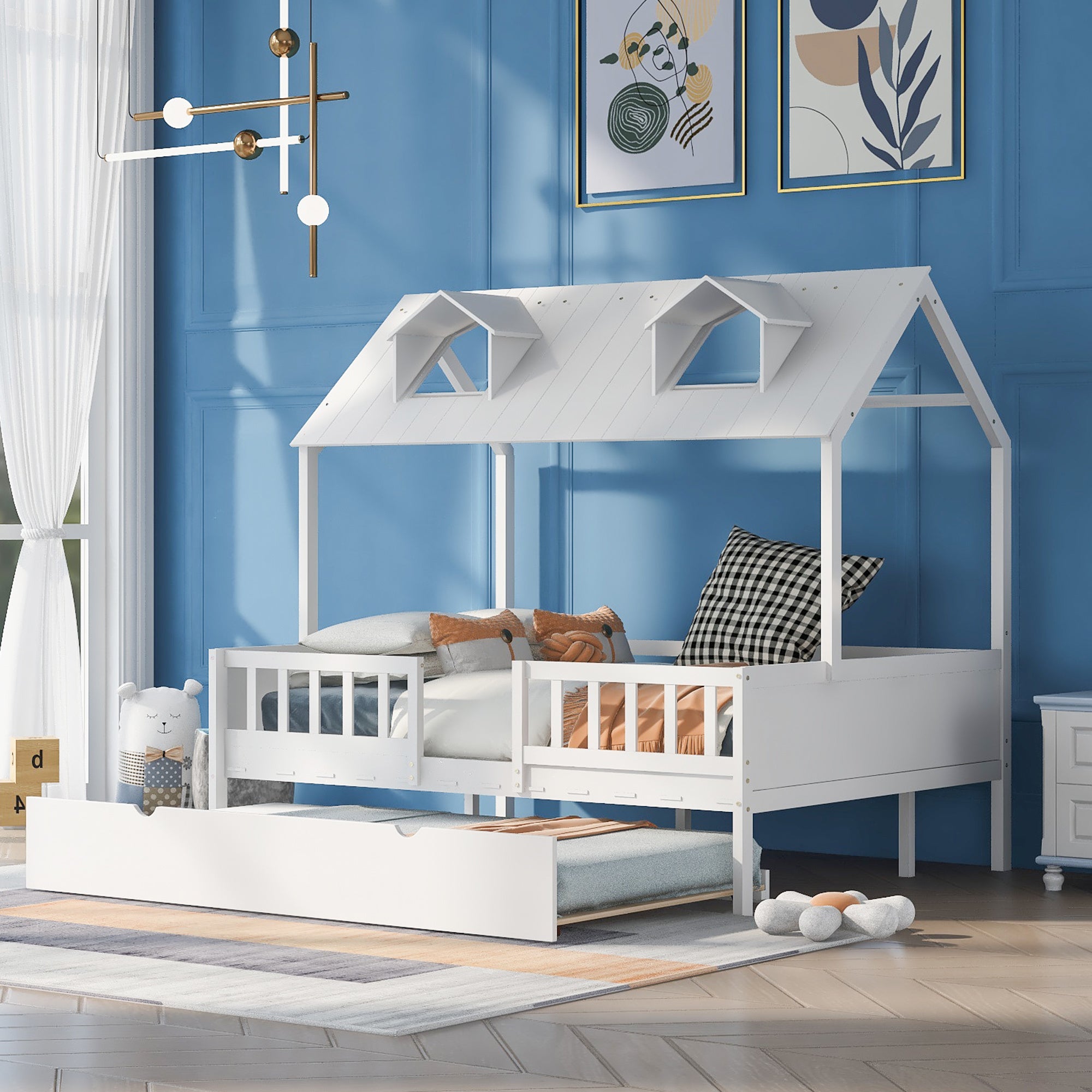 Full Size House Bed Wood Bed with Twin Size Trundle ( White )