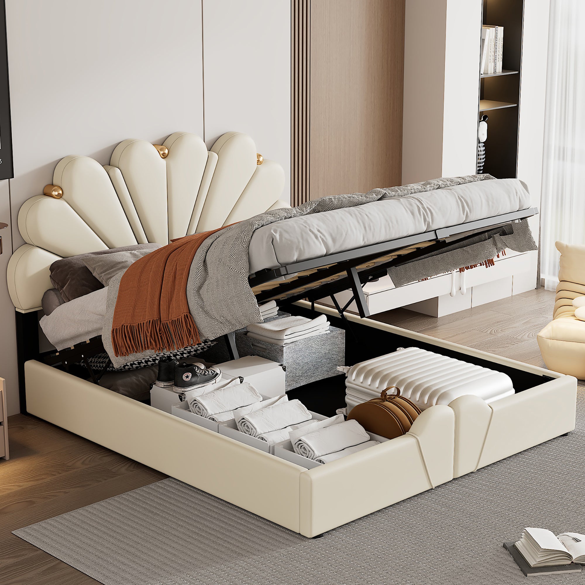 Queen Size Upholstered Petal Shaped Platform Bed with Hydraulic Storage System, PU Storage Bed, Decorated with metal balls, Beige