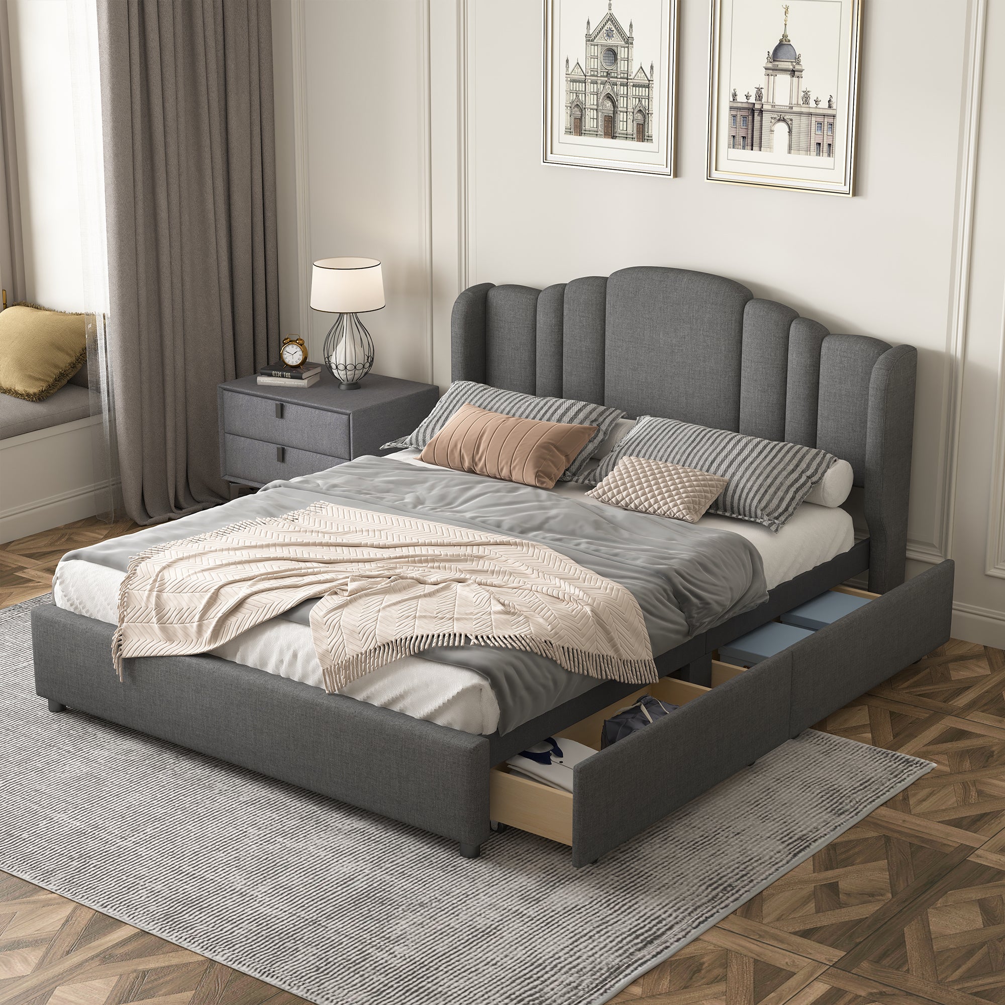 Upholstered Platform Bed with Wingback Headboard and 4 Drawers, No Box Spring Needed, Linen Fabric, Queen Size Gray