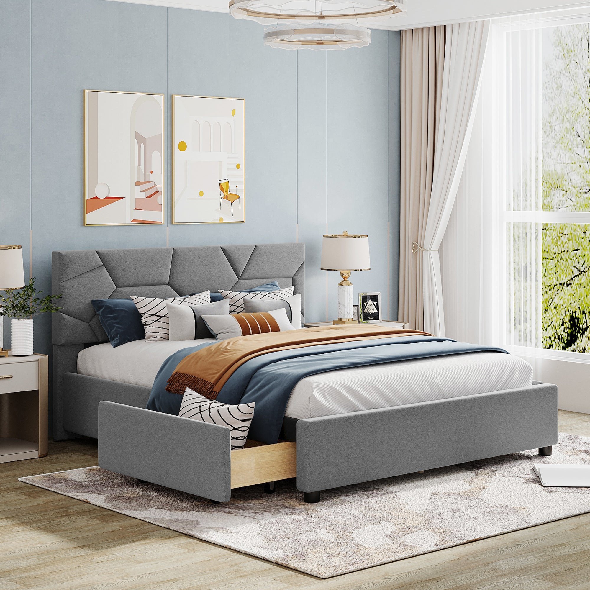 Queen Size Upholstered Platform Bed with Brick Pattern Headboard and 4 Drawers, Linen Fabric, Gray