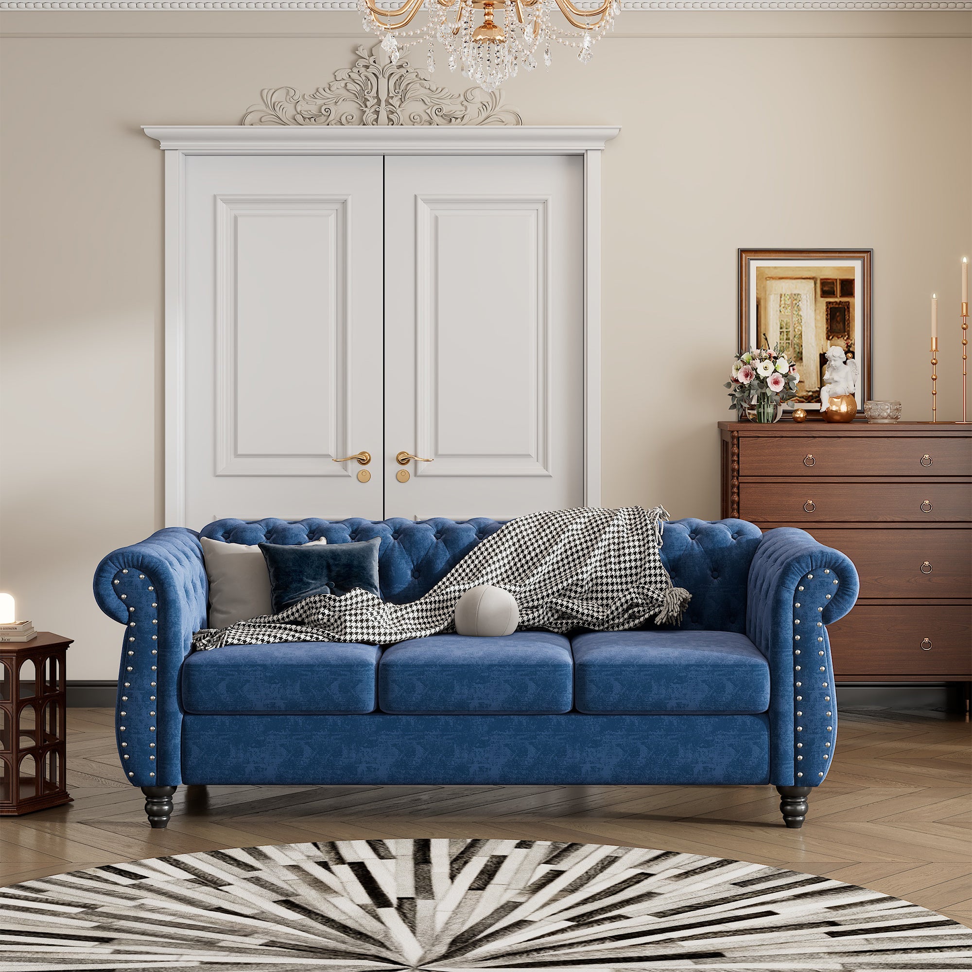 82" modern sofa Dutch plush upholstered sofa, solid wood legs, buttoned tufted backrest, blue