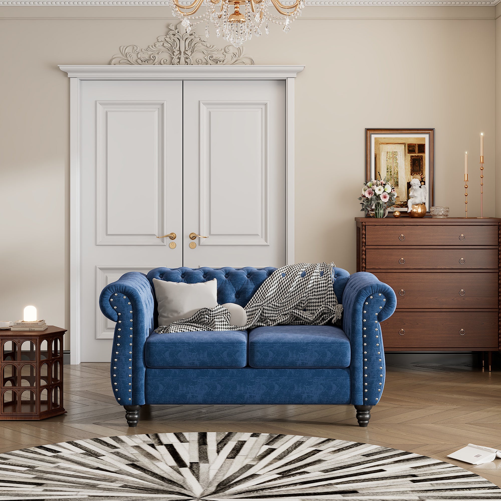 60" modern sofa Dutch plush upholstered sofa, solid wood legs, buttoned tufted backrest, blue