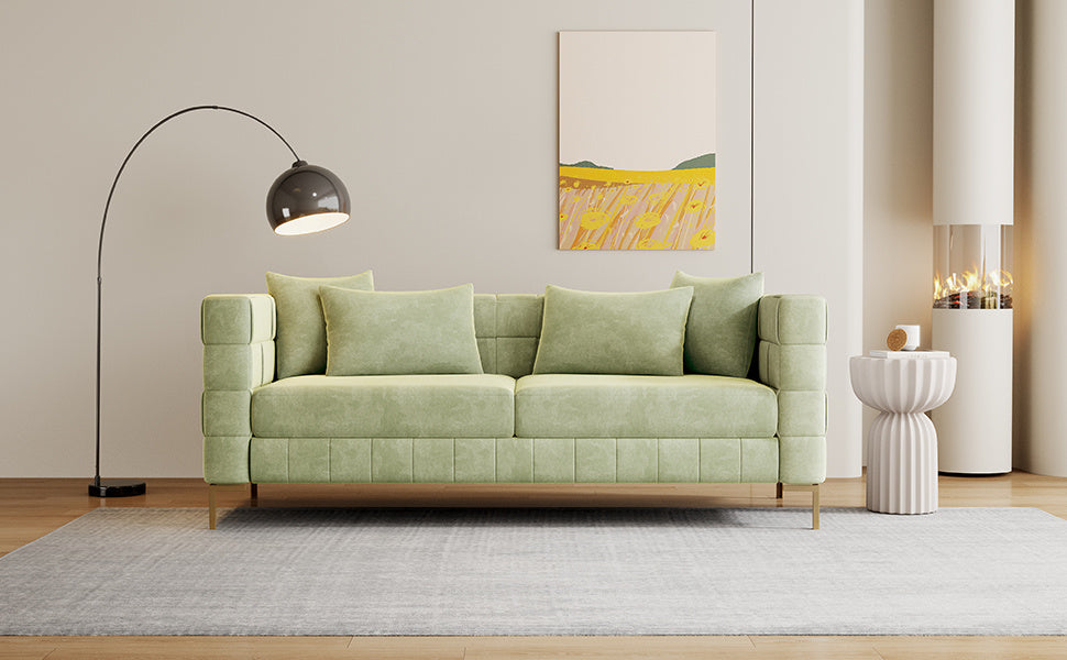 80.5" Upholstered Sofa with 4 Pillows Modern Sofa with Golden Metal Legs for Living Room, Bedroom, Apartment, Medium Spring Bud Green