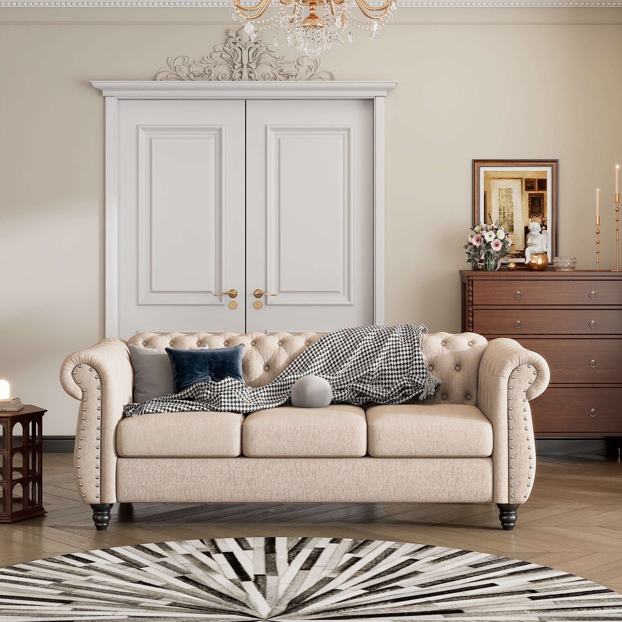 82" modern sofa Dutch plush upholstered sofa, solid wood legs, buttoned tufted backrest, beige