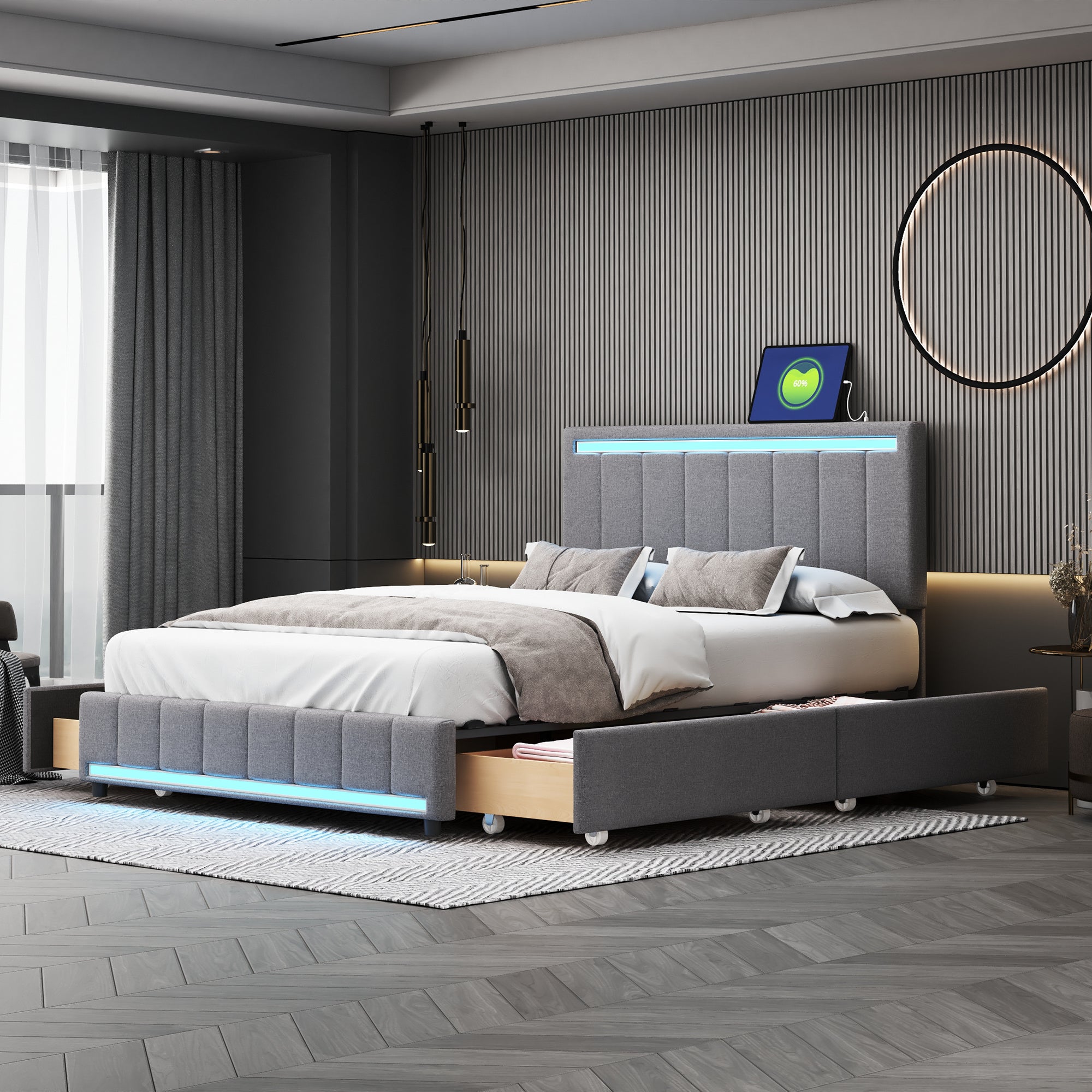 Full Size Upholstered Bed with LED Light and 4 Drawers, Modern Platform Bed with a set of Sockets and USB Ports, Linen Fabric, Gray