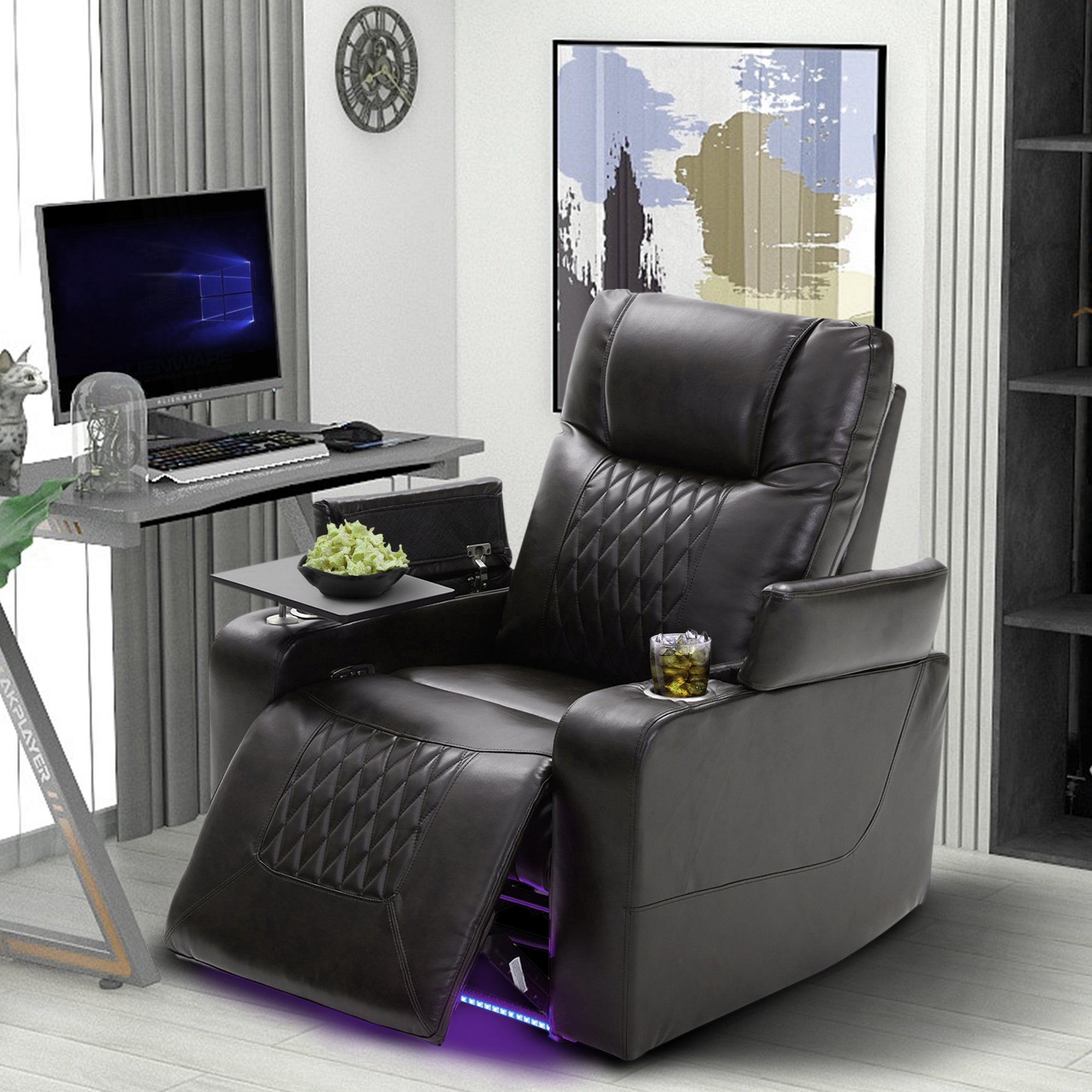 Power Motion Recliner with USB Charging Port and Hidden Arm Storage 2 Convenient Cup Holders Design and 360° Swivel Tray Table,Black(old sku: SG000630AAB)