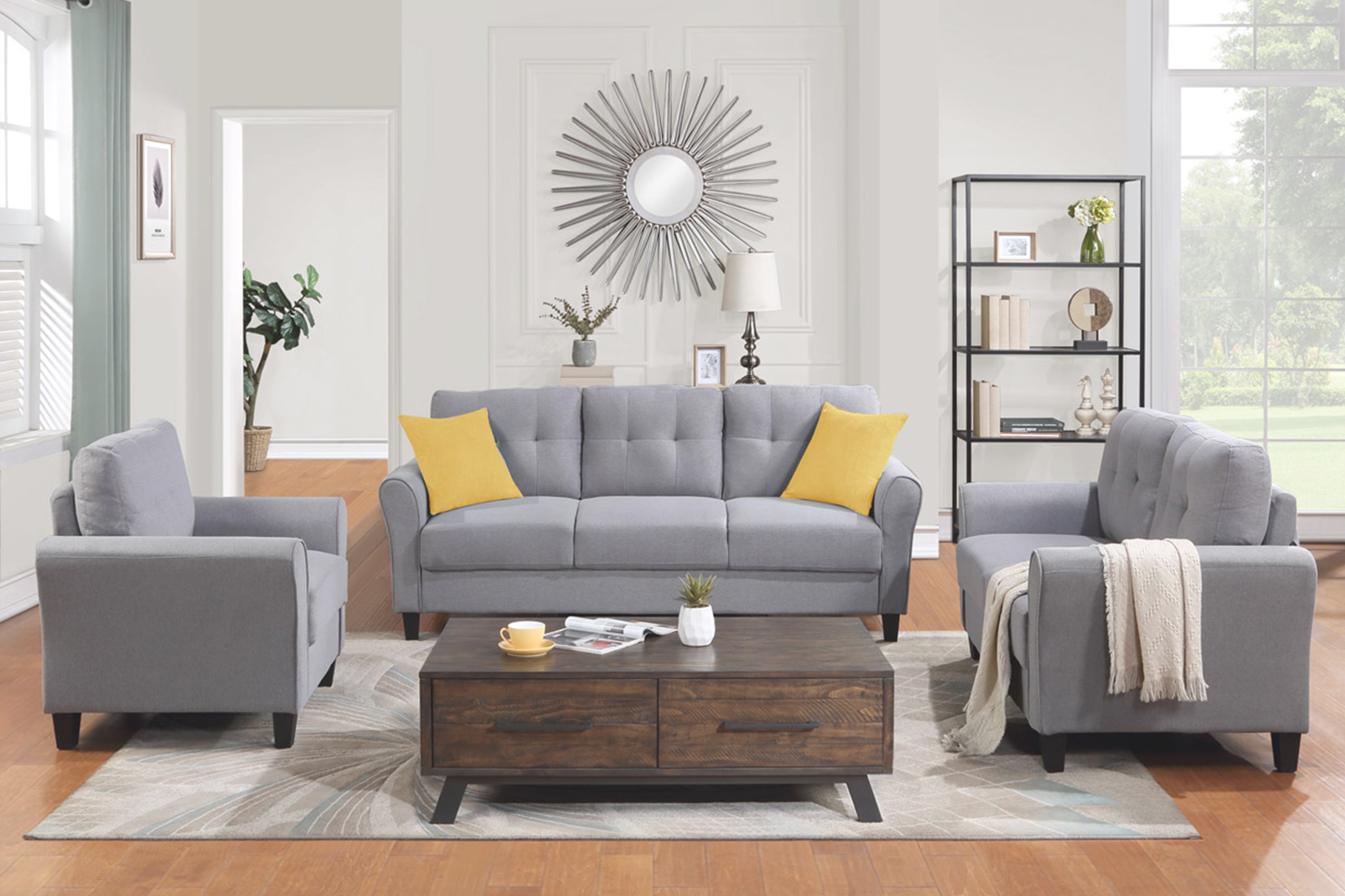 Modern Living Room Sofa Set Linen Upholstered Couch Furniture for Home or Office ,Light Grey-Blue,(1+2+3-Seat,Old Sku:SG000373AAA)