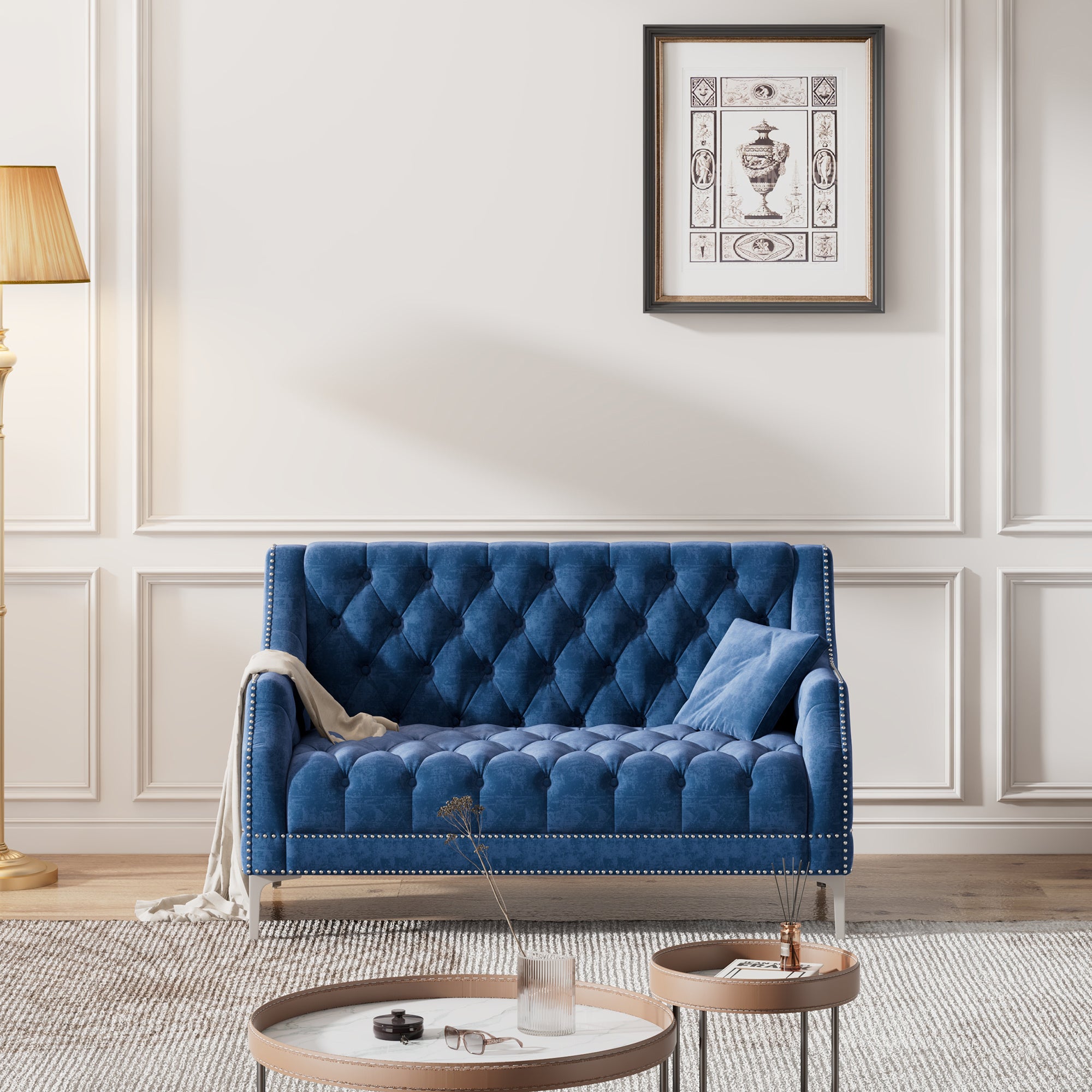 55.5" Modern Sofa Dutch Plush Upholstered Sofa with Metal Legs, Button Tufted Back Blue