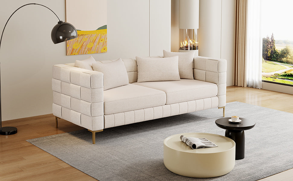 80.5" Upholstered Sofa with 4 Pillows Modern Sofa with Golden Metal Legs for Living Room, Bedroom, Apartment, Beige