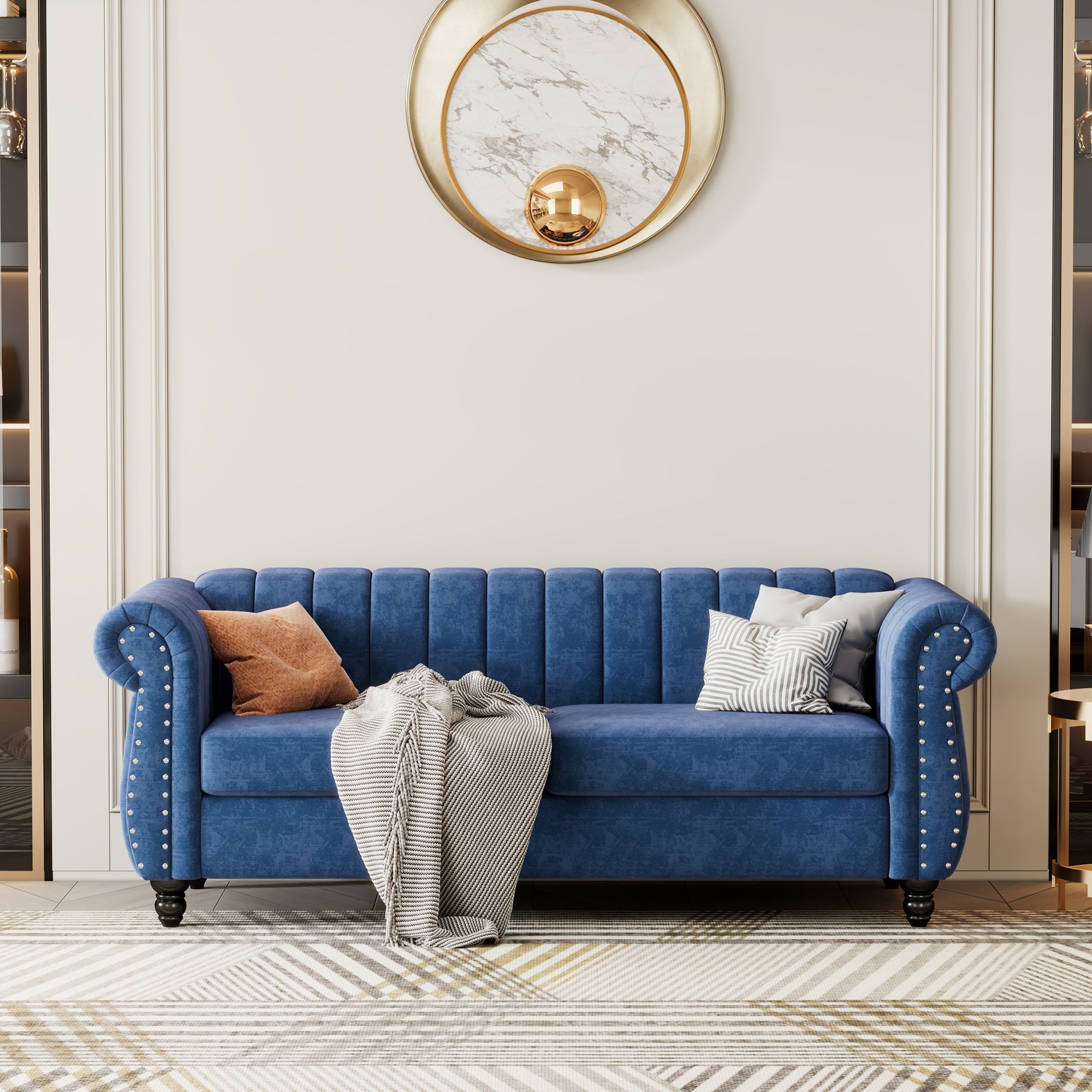 82.5" Modern Sofa Dutch Fluff Upholstered sofa with solid wood legs, buttoned tufted backrest,blue