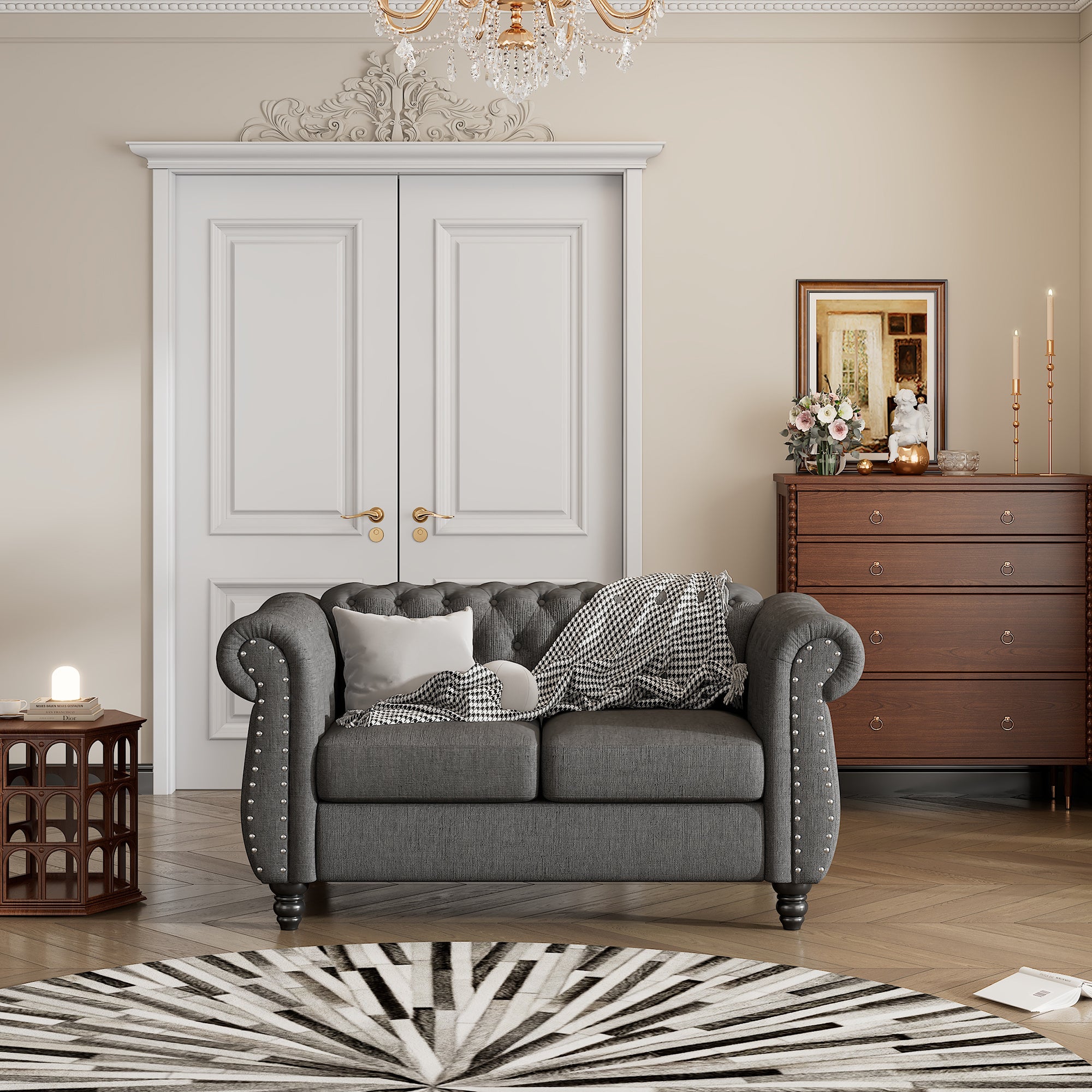 60" modern sofa Dutch plush upholstered sofa, solid wood legs, buttoned tufted backrest, gray