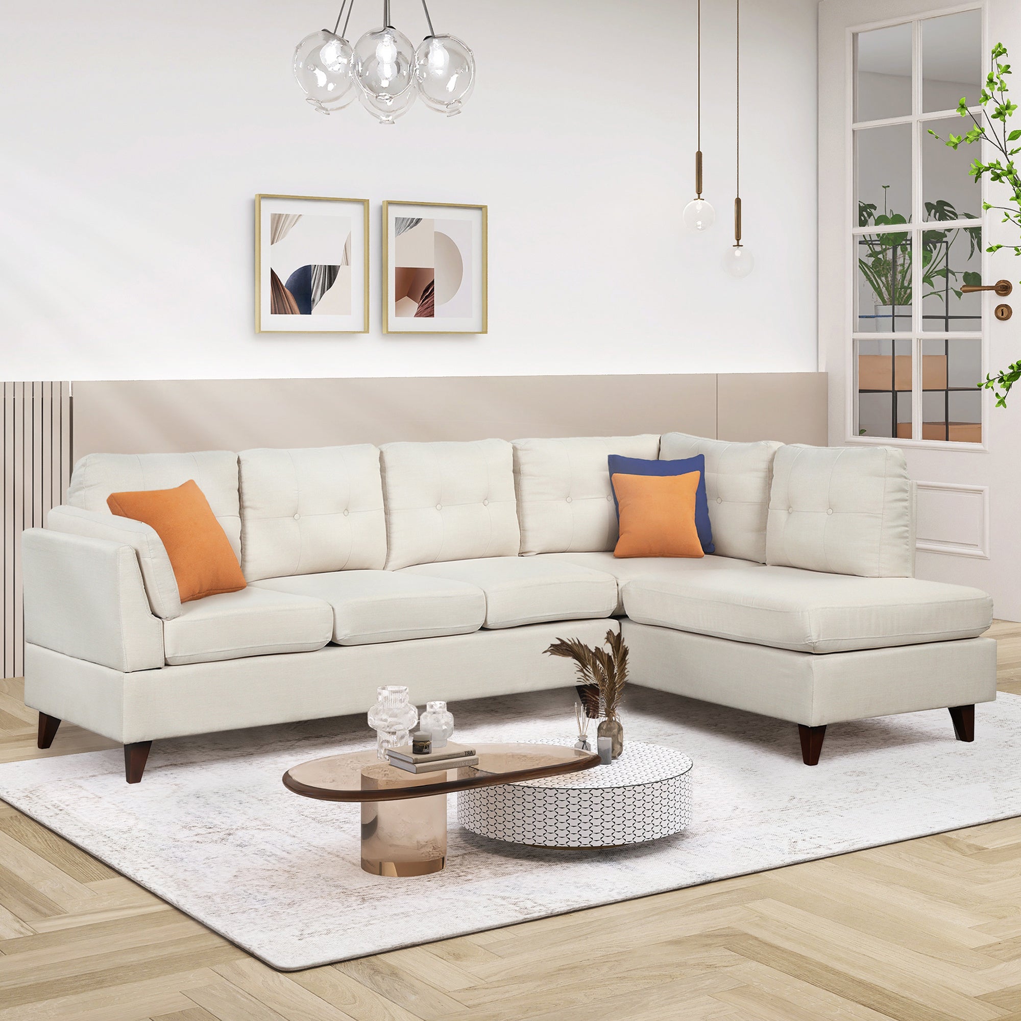 97.2" Modern Linen Fabric Sofa, L-Shape Couch with Chaise Lounge,Sectional Sofa with one Lumbar Pad,Beige