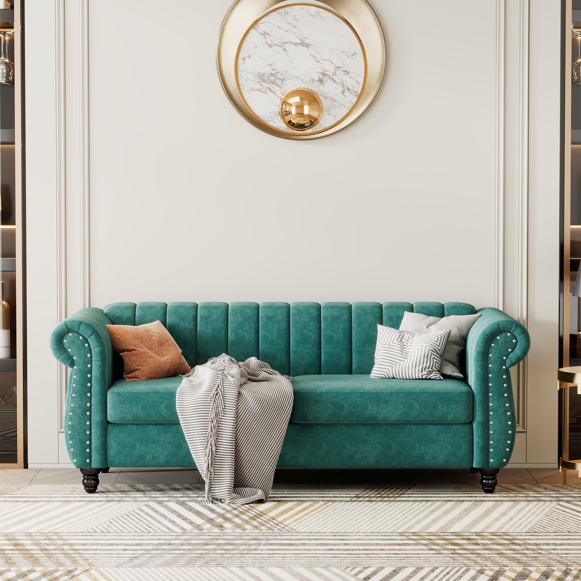 82.5" Modern Sofa Dutch Fluff Upholstered sofa with solid wood legs, buttoned tufted backrest,green