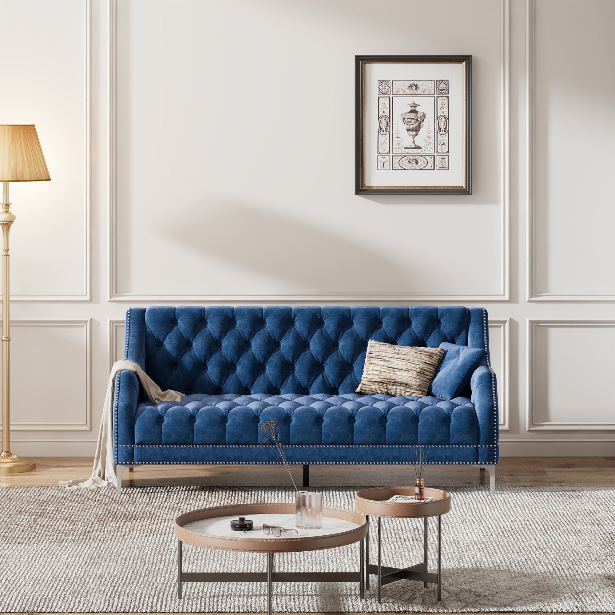 78" Modern Sofa Dutch Plush Upholstered Sofa with Metal Legs, Button Tufted Back Blue