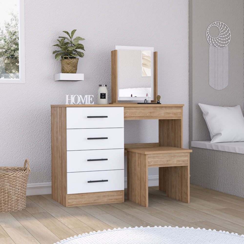 Kaia Makeup Vanity, Four Drawers, One Mirror, Stool -Pine / White