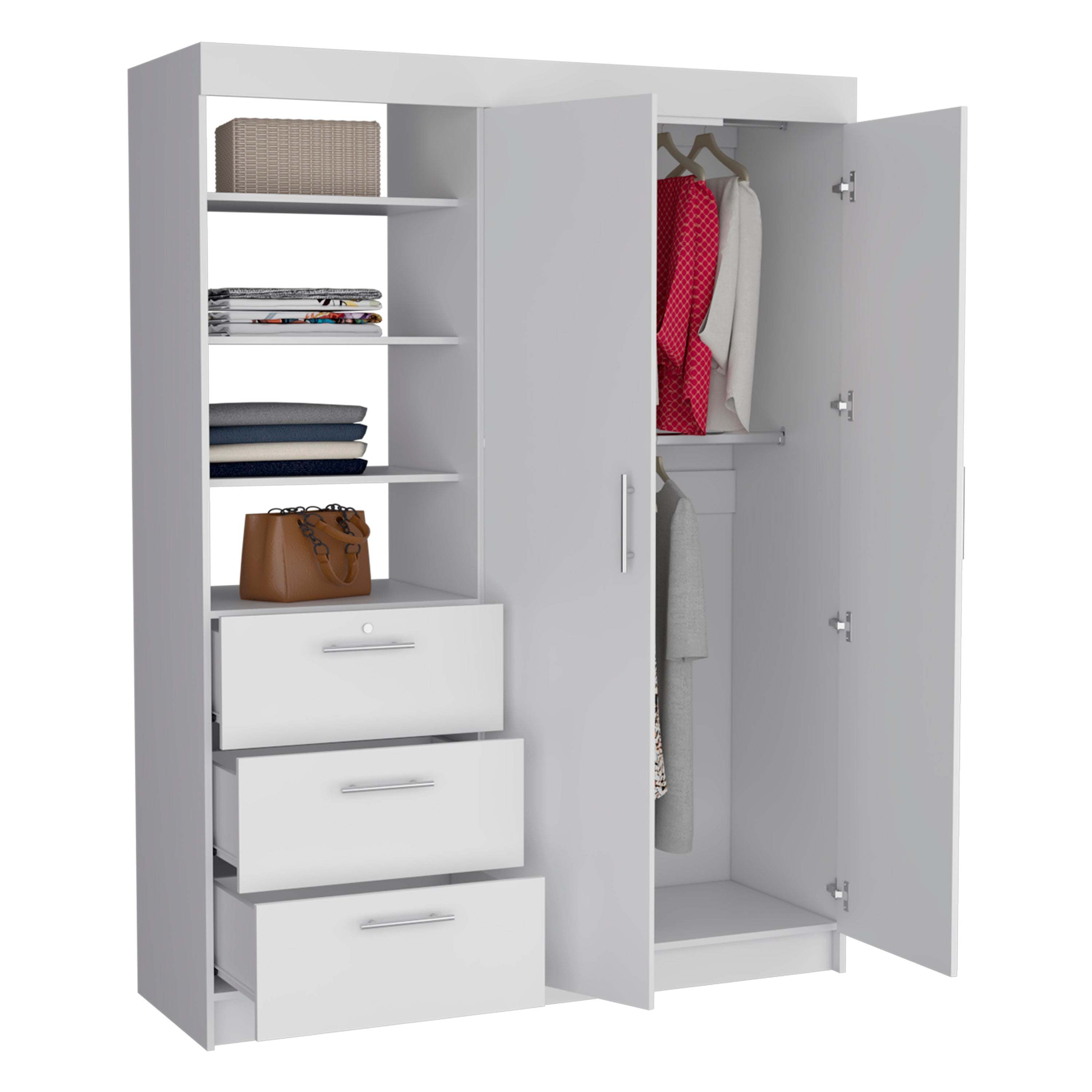 Kenya 3 Drawers Armoire, Double Door, 3-Tier Shelf -White