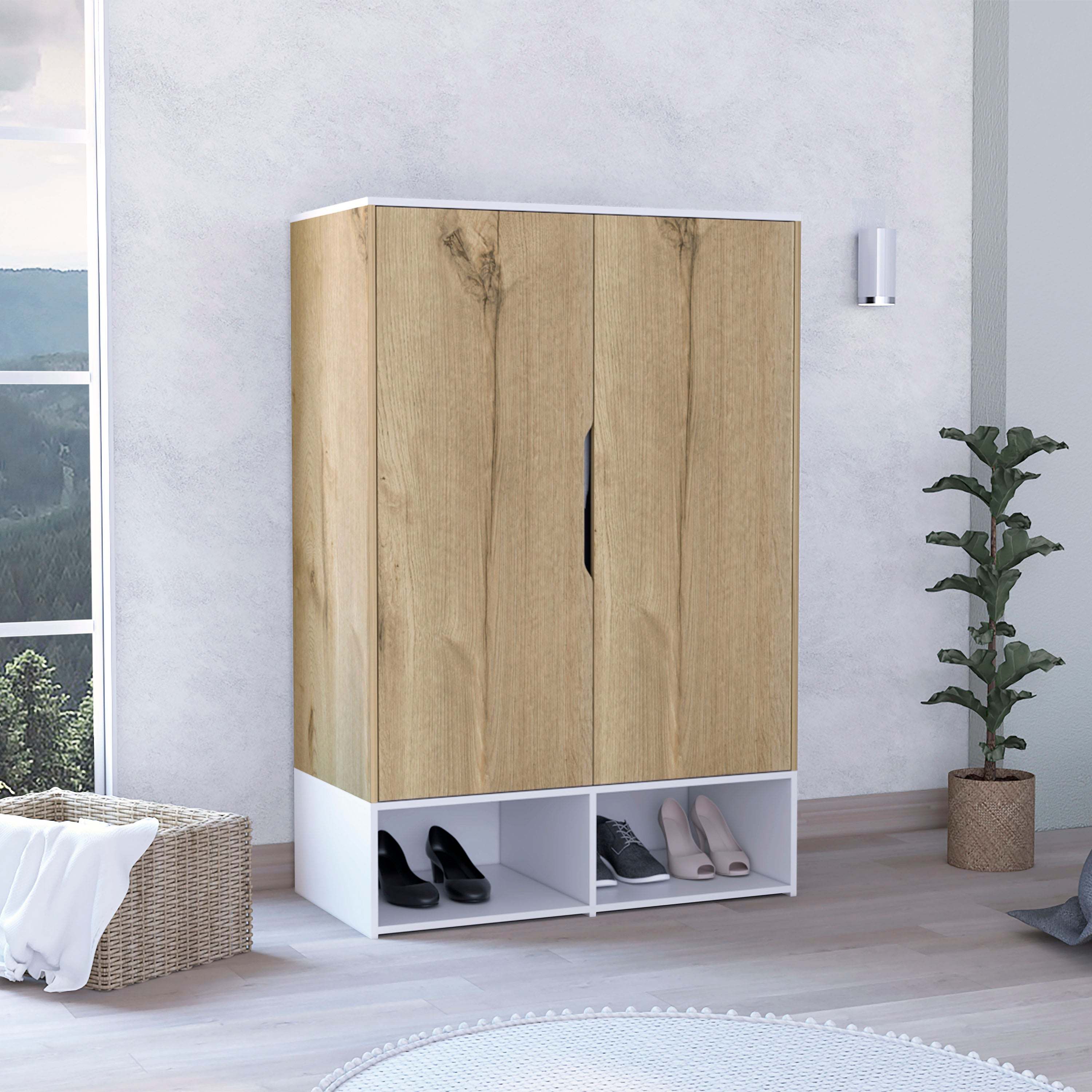 Rosie Armoire, Two Open Shelves, Double Door, Five Shelves, Hanging Rod -Light Oak / White