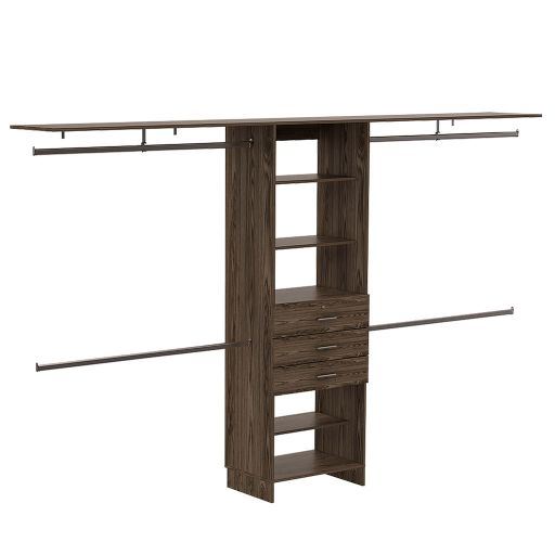 Plego 69"W - 118"W Drawers Closet System, Five Shelves, Four Hanging Rods, Three Drawers -Dark Walnut