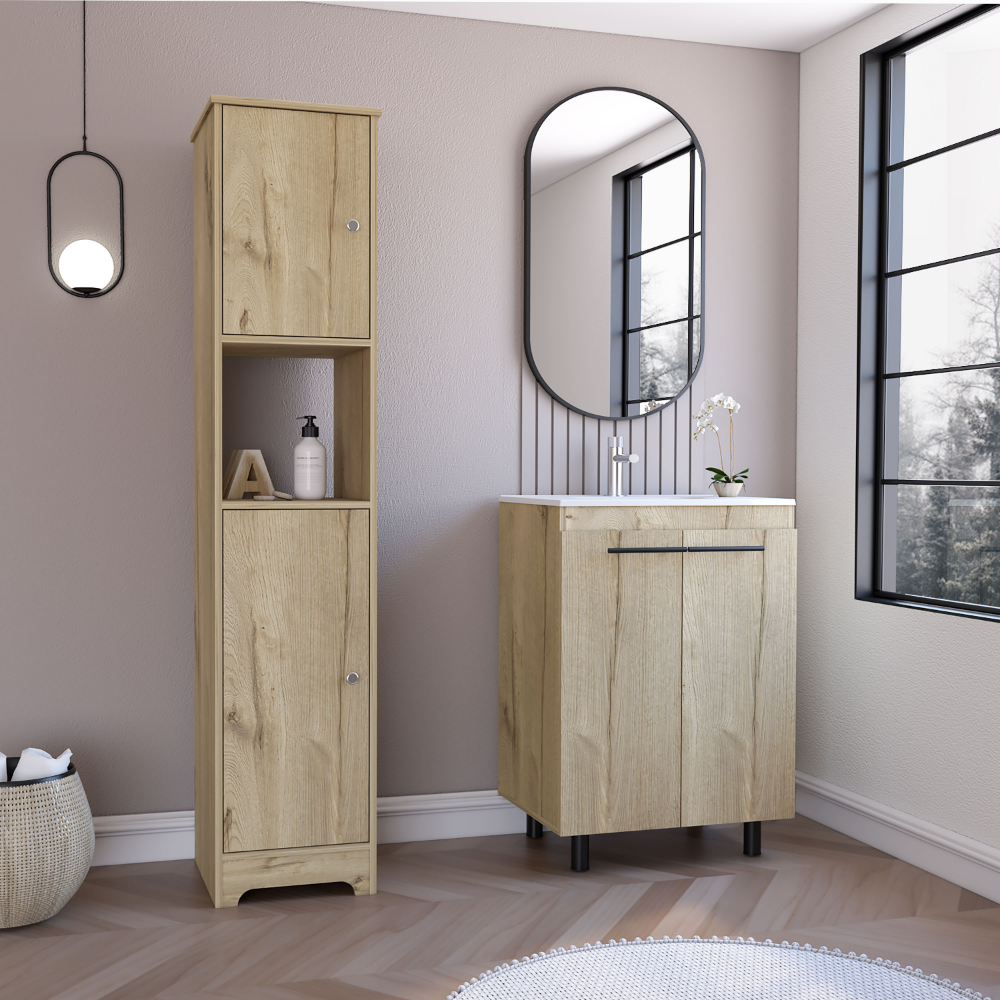 Hartford 2 Piece Bathroom Set, Yaka Linen Cabinet + Dustin Free Standing Sink Cabinet , Light Oak