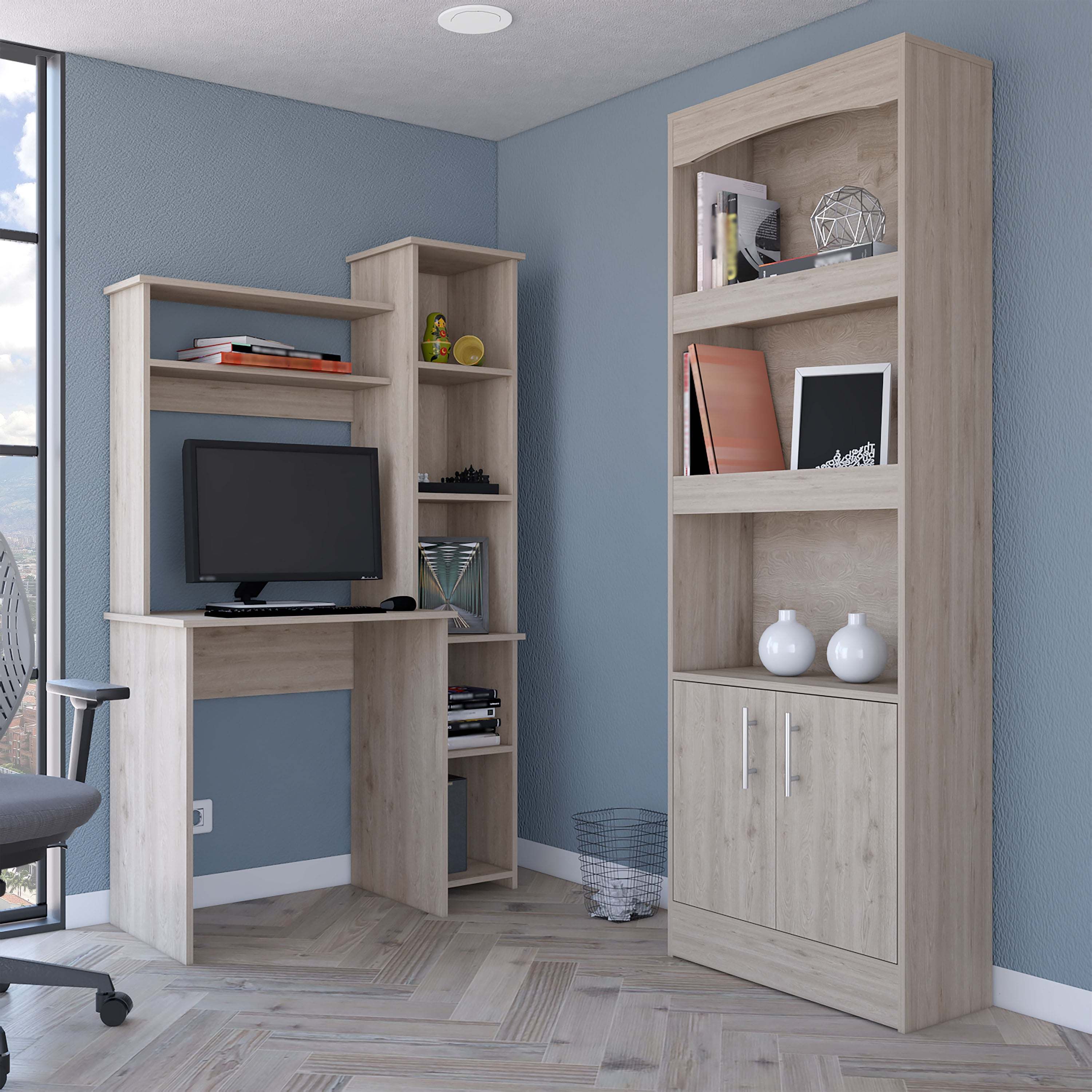 Detroit 2 Piece Office Set, Dozza Bookcase + Aramis Desk, Light Gray