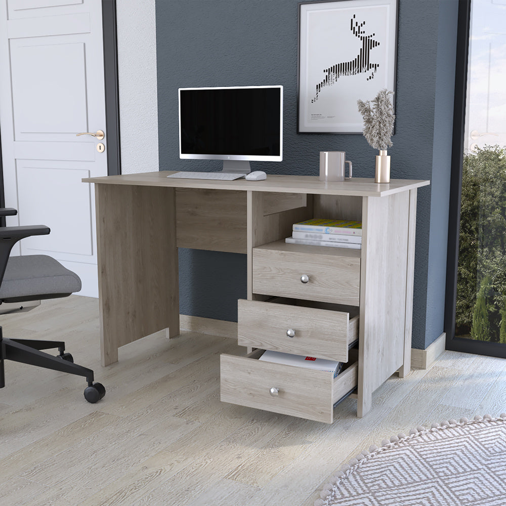 Writing Desk Brentwood with Three Drawers and Open Storage Shelf, Light Gray Finish