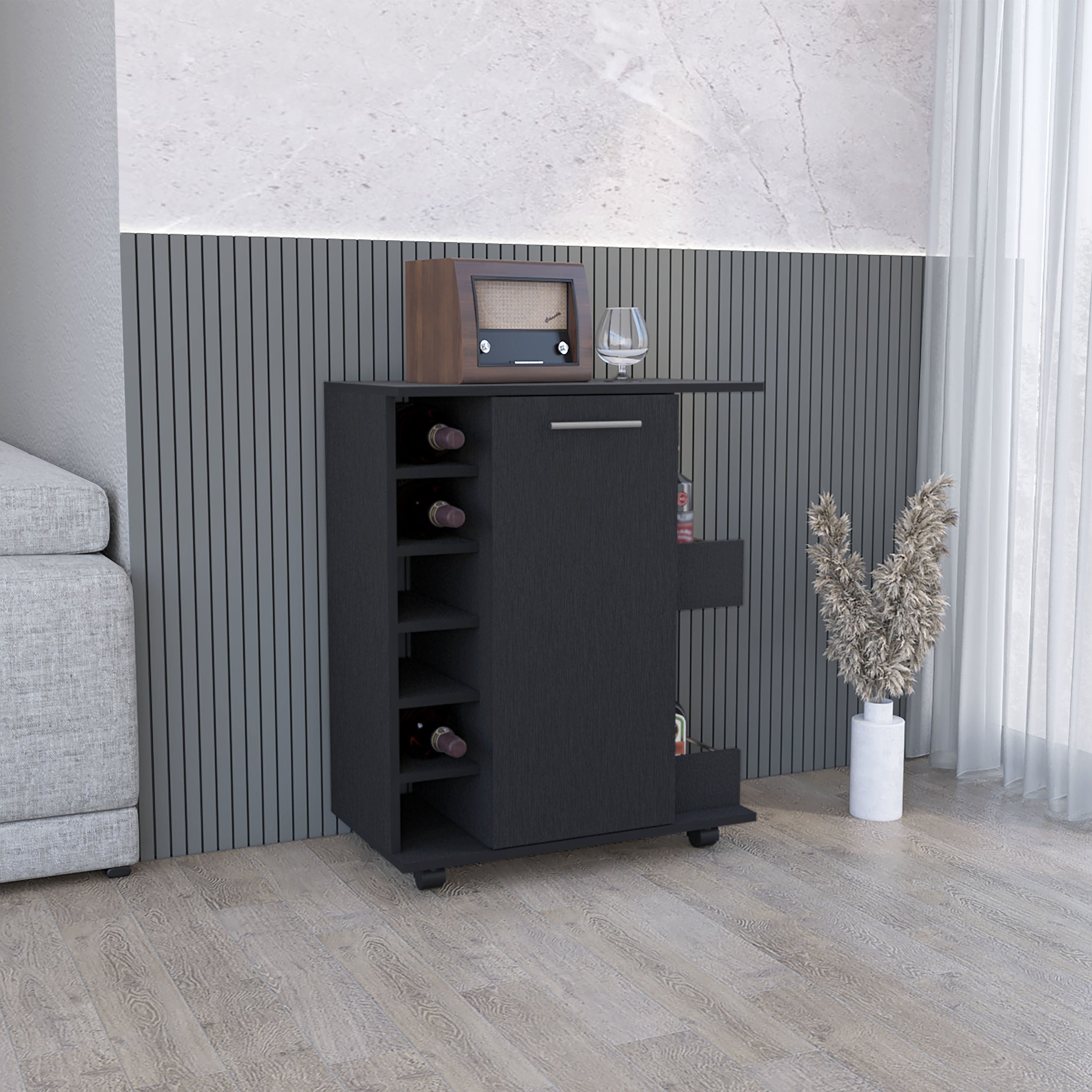 Bar Cart with Six-Wine Cubbies Cabot, Two-Side Storage Shelves and Casters, Black Wengue Finish