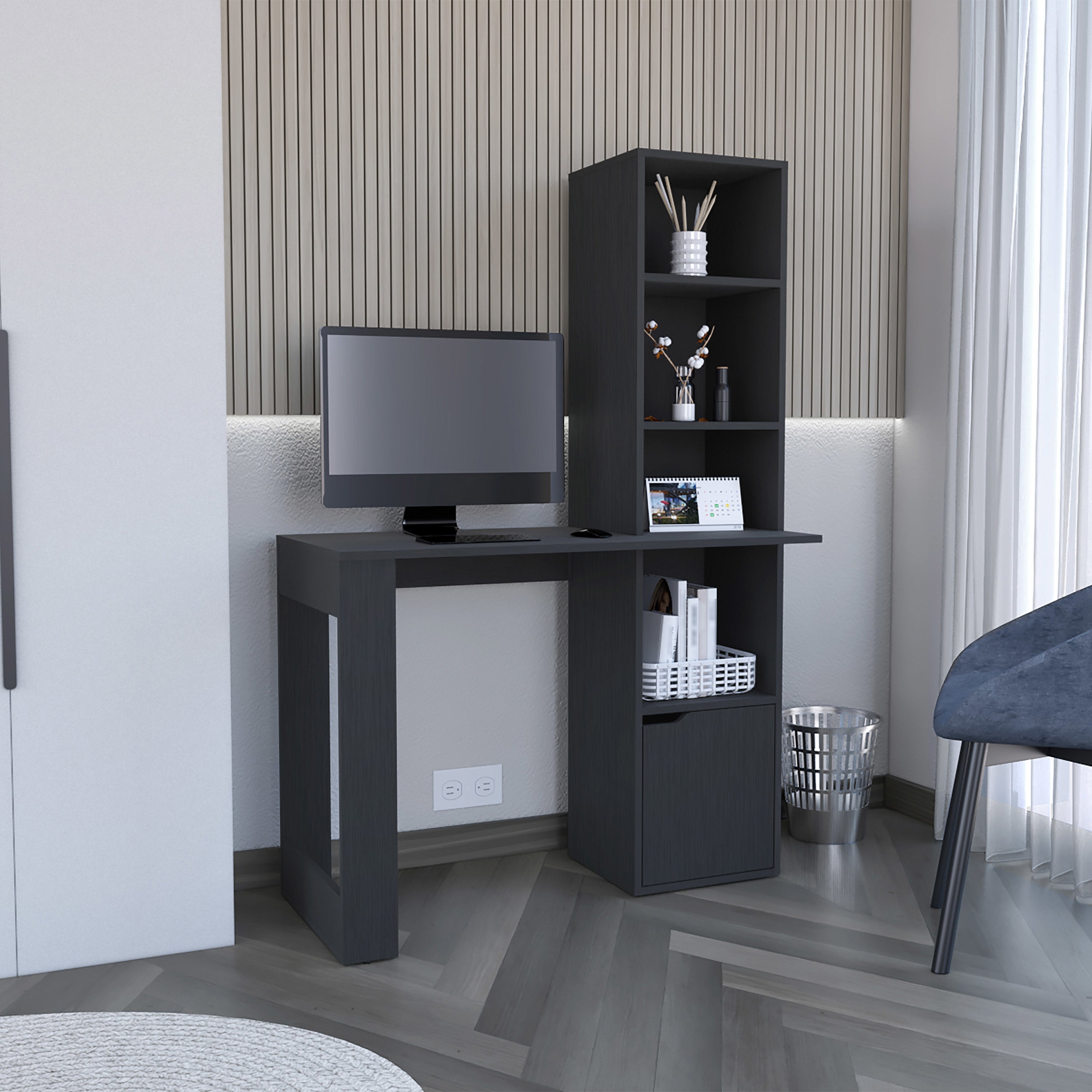 Office Desk Aragon with Four-Tier Bookcase and Lower Cabinet, Black Wengue Finish