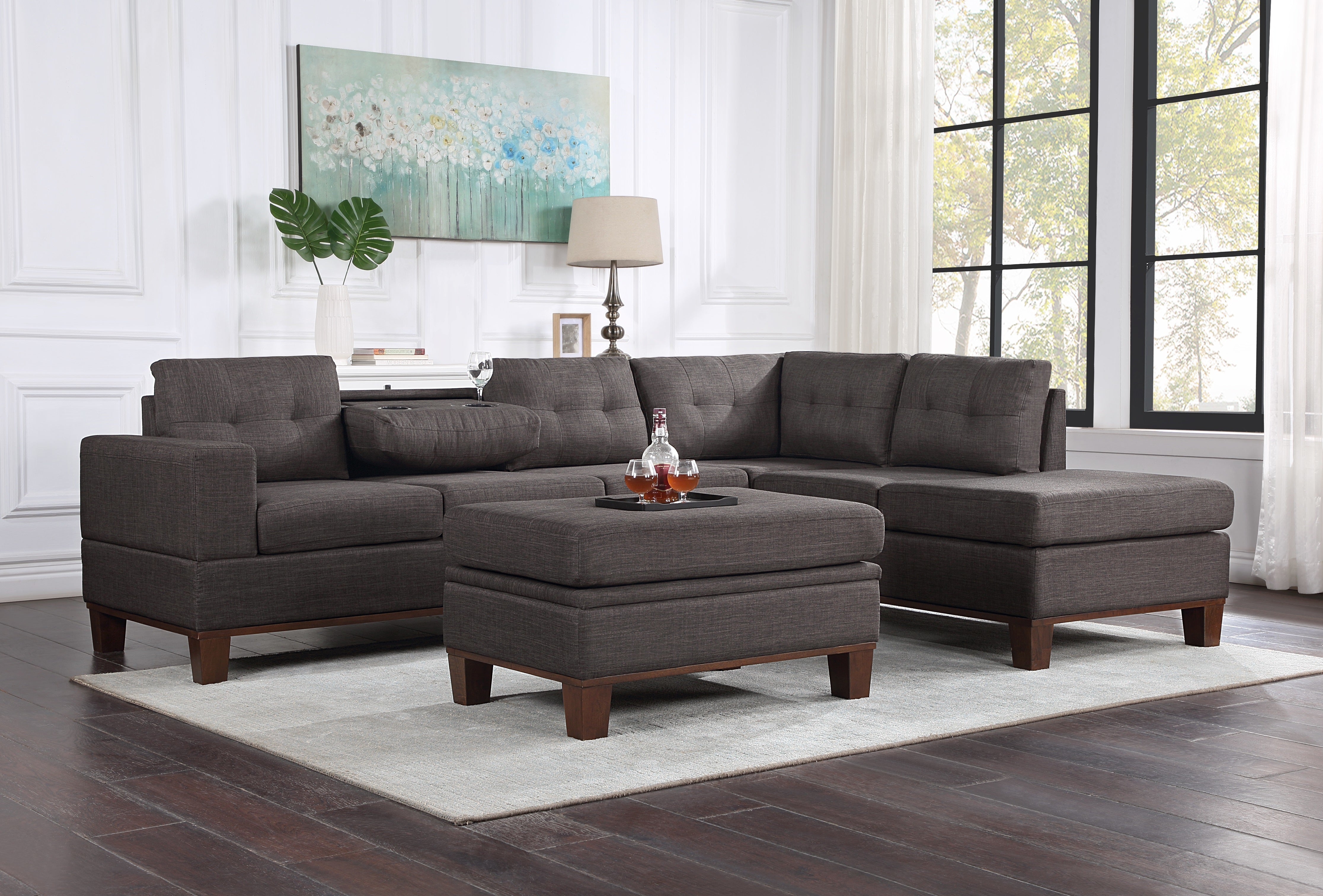 Hilo 106" Dark Gray Fabric Reversible Sectional Sofa with Dropdown Armrest, Cupholder, and Storage Ottoman