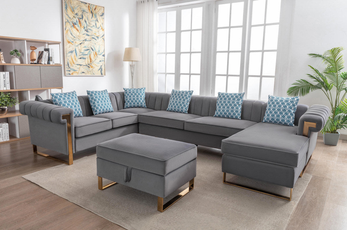 Maddie 130.5" Gray Velvet 7-Seater Sectional Sofa with Reversible Chaise and Storage Ottoman