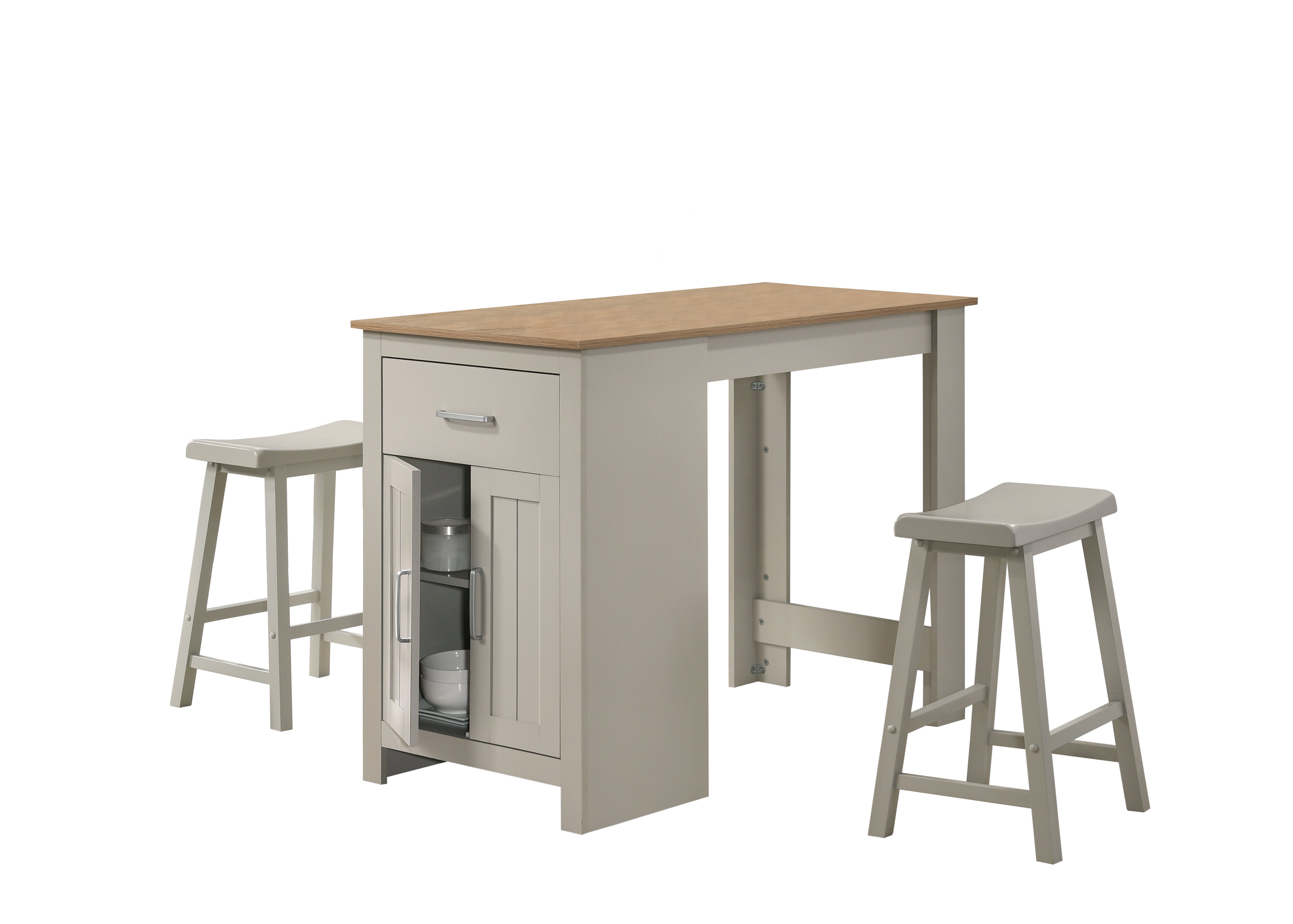 Alonzo 47" Light Gray Small Space Counter Height Dining Table with Cabinet, Drawer, and 2 Ergonomic Counter Stools