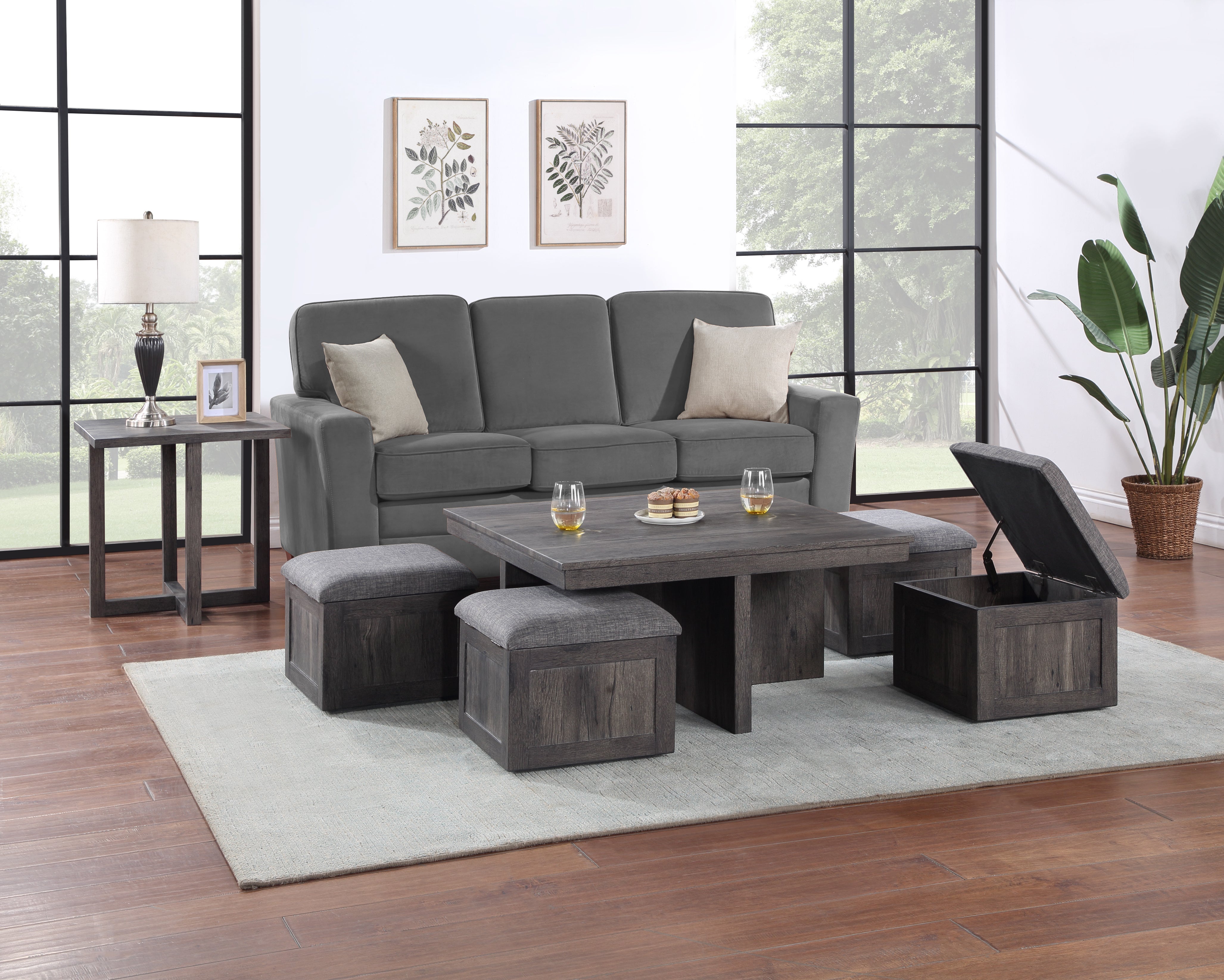 Moseberg Rustic Wood Coffee Table with Storage Stools and End Table Set