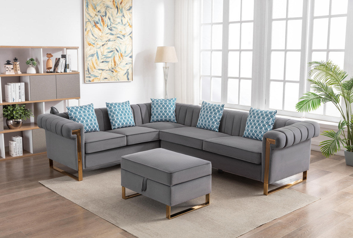 Maddie 109" Gray Velvet 6-Seater Sectional Sofa with Storage Ottoman