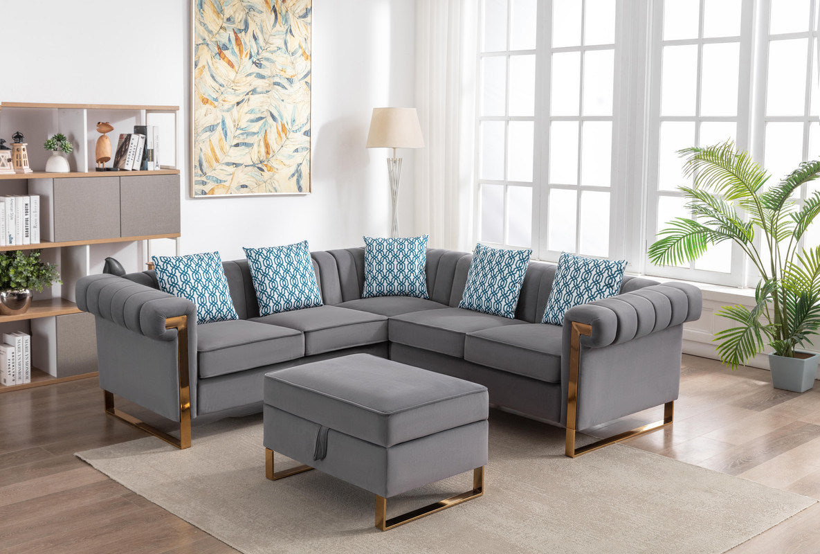 Maddie 88.5" Gray Velvet 5-Seater Sectional Sofa with Storage Ottoman