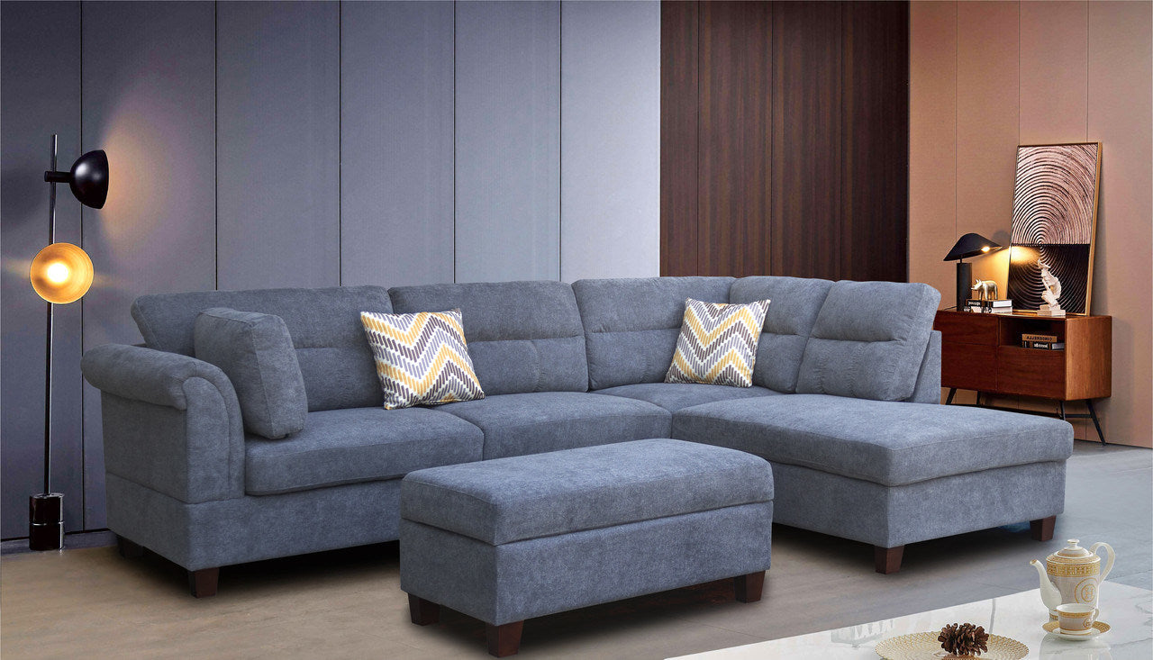 Diego 103.5" Gray Fabric Sectional Sofa with Right Facing Chaise, Storage Ottoman, and 2 Accent Pillows