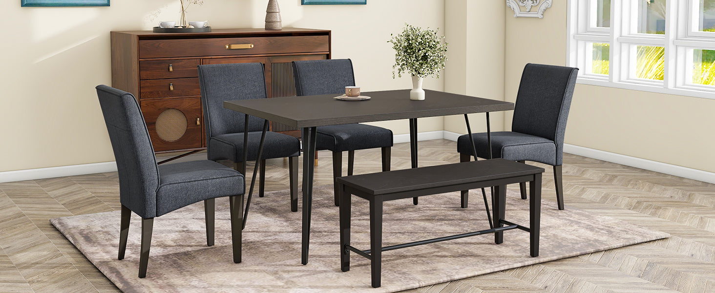 TOPMAX Modern 6-Piece Dining Table Set with V-Shape Metal Legs, Wood Kitchen Table Set with 4 Upholstered Chairs and Bench for 6,Espresso