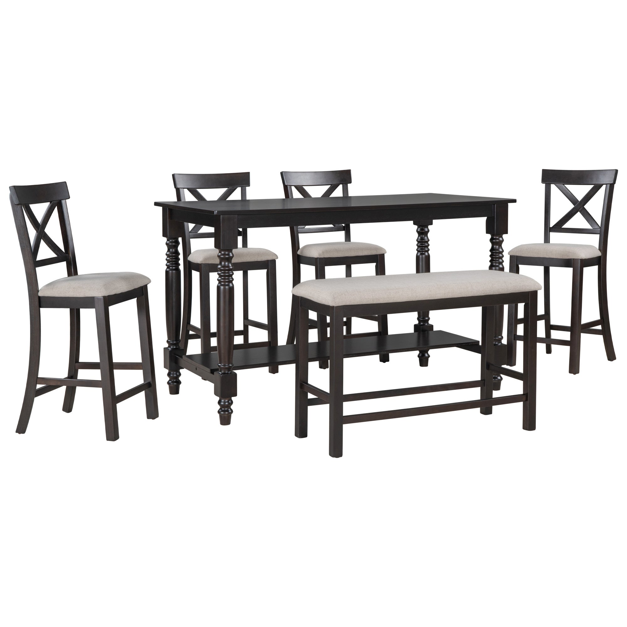 TREXM 6-Piece Counter Height Dining Table Set Table with Shelf 4 Chairs and Bench for Dining Room (Espresso)