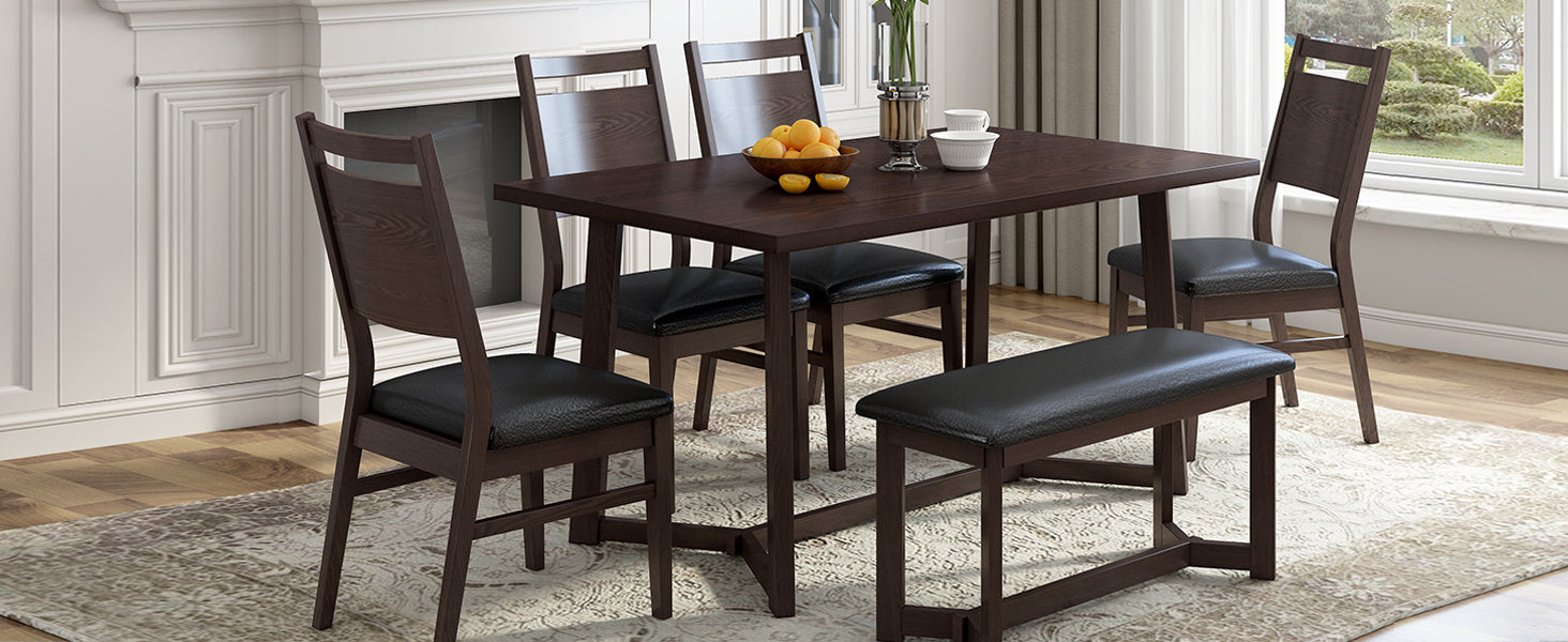 TOPMAX Farmhouse 6-Piece Wood Dining Table Set with 4 Upholstered Chairs and Bench, Dark Brown