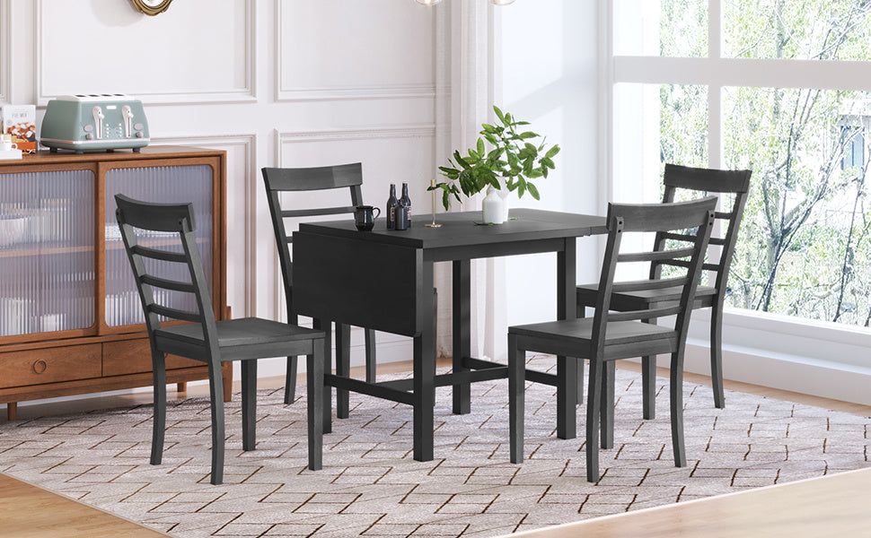 TOPMAX 5-Piece Wood Square Drop Leaf Breakfast Nook Extendable Dining Table Set with 4 Ladder Back Chairs for Small Places, Gray