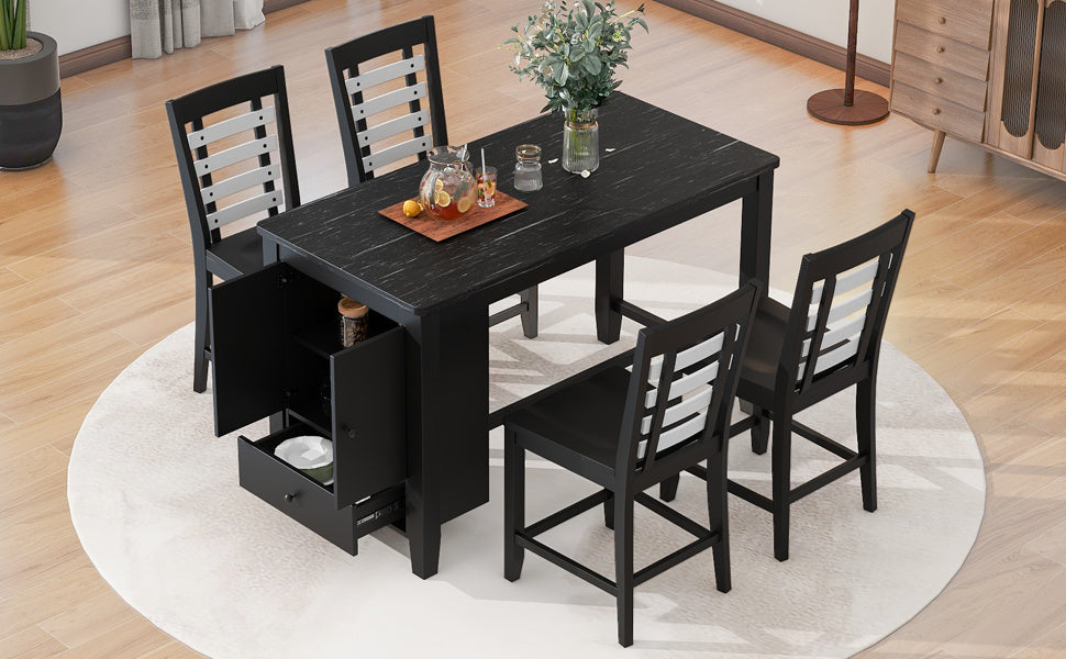 TOPMAX Counter Height 5-piece Dining Table Set with Faux Marble Tabletop, Solid Wood Table Set with Storage Cabinet and Drawer, Black