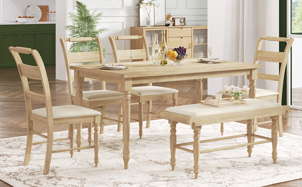 TOPMAX 6-peice Dining Set with Turned Legs, Kitchen Table Set with Upholstered Dining Chairs and Bench,Retro Style, Natural