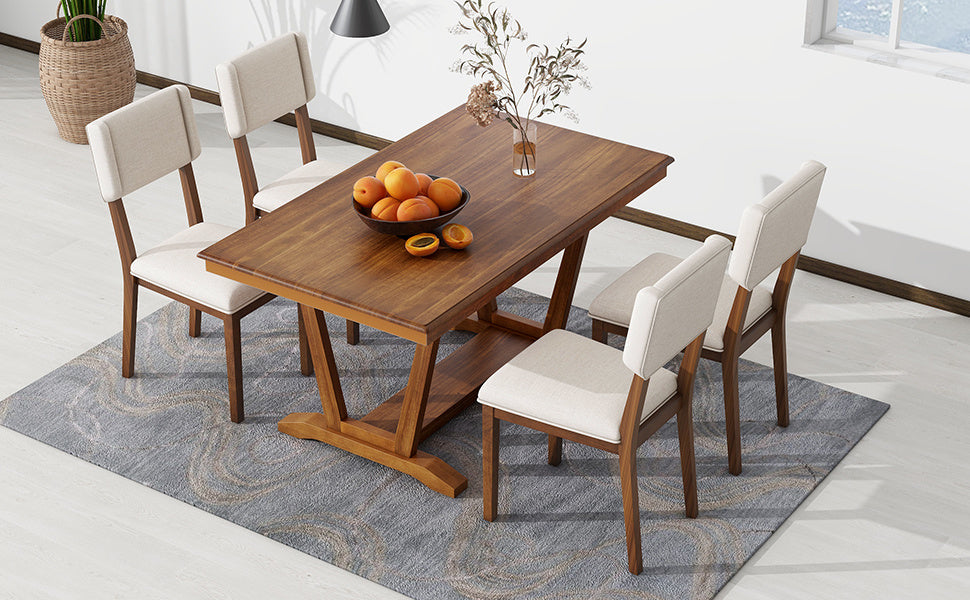 TOPMAX Rustic 5-piece Dining Table Set with 4 Upholstered Chairs, 59-inch Rectangular Dining Table with Trestle Table Base, Walnut