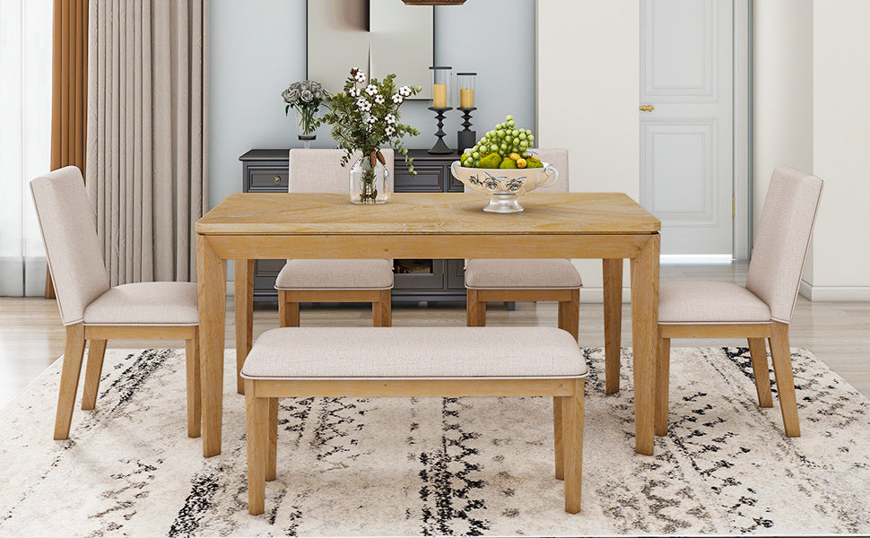 TOPMAX 6-Piece Dining Table Set with Upholstered Dining Chairs and Bench,Farmhouse Style, Tapered Legs, Natural+Beige