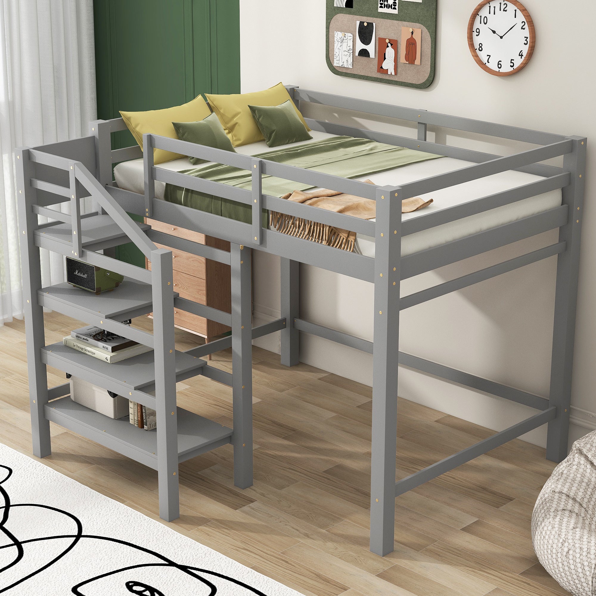 Full Size Loft Bed with Built-in Storage Staircase and Hanger for Clothes, Gray