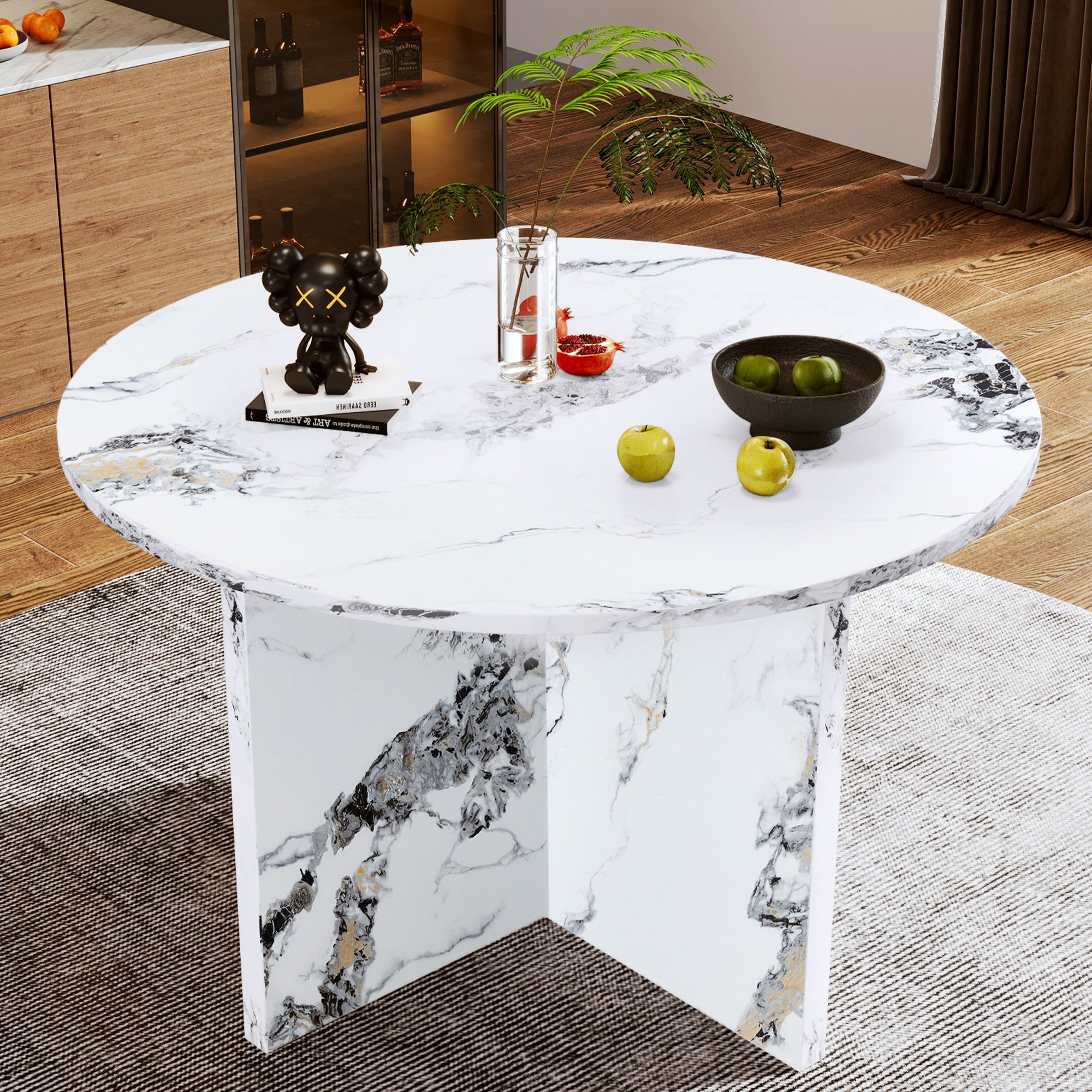 Round Dining Table for 4-6, 47 Inch Modern Kitchen Faux Marble Table Small Dinner Table MDF Kitchen Dinning Table for Cafe Restaurant Wine Bar Home Office Conference
