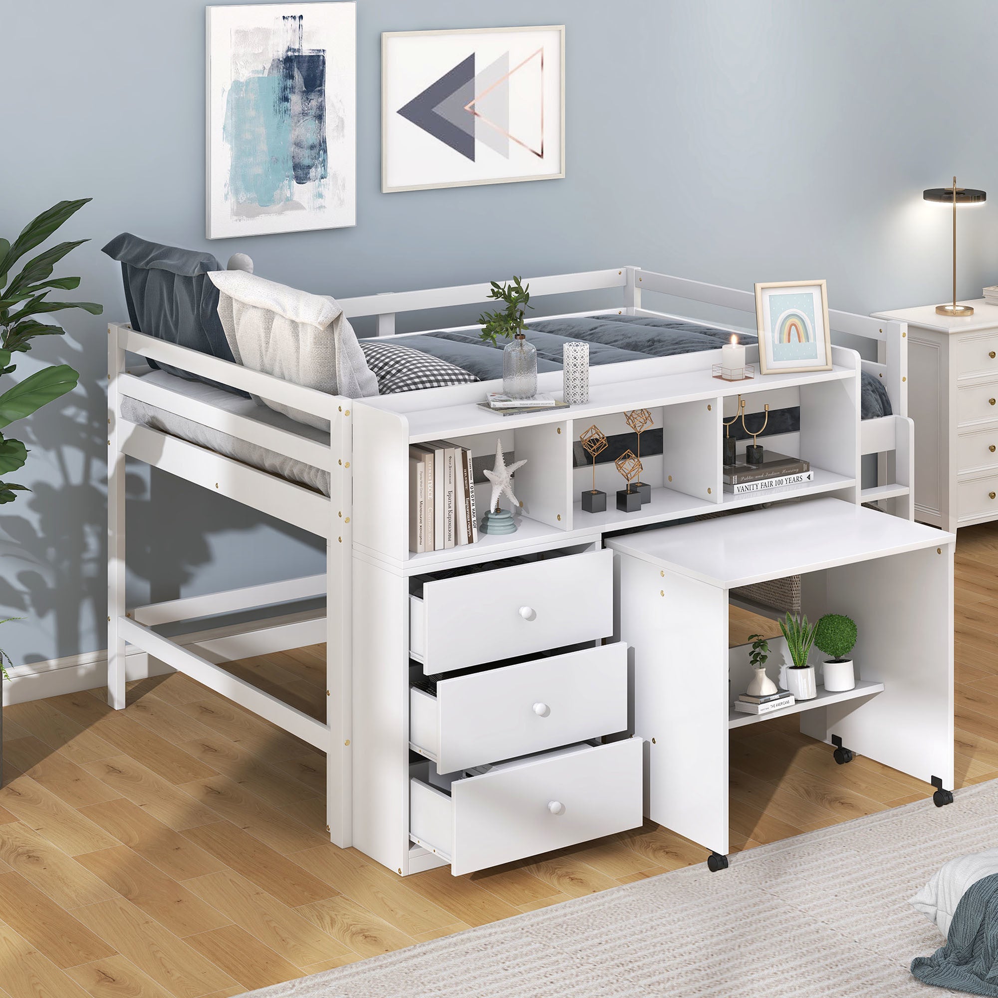 Full Size Low Loft Bed with Rolling Portable Desk, Drawers and Shelves, White(Old SKU: GX000711AAK)