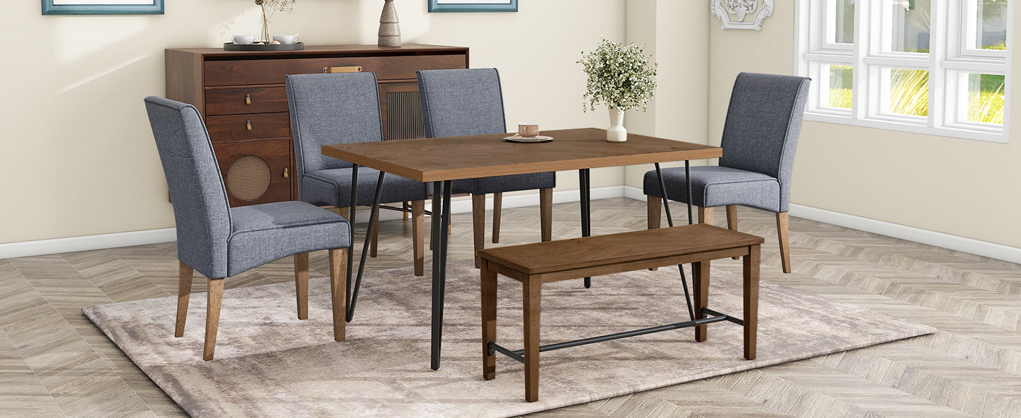 TOPMAX Modern 6-Piece Dining Table Set with V-Shape Metal Legs, Wood Kitchen Table Set with 4 Upholstered Chairs and Bench for 6,Brown