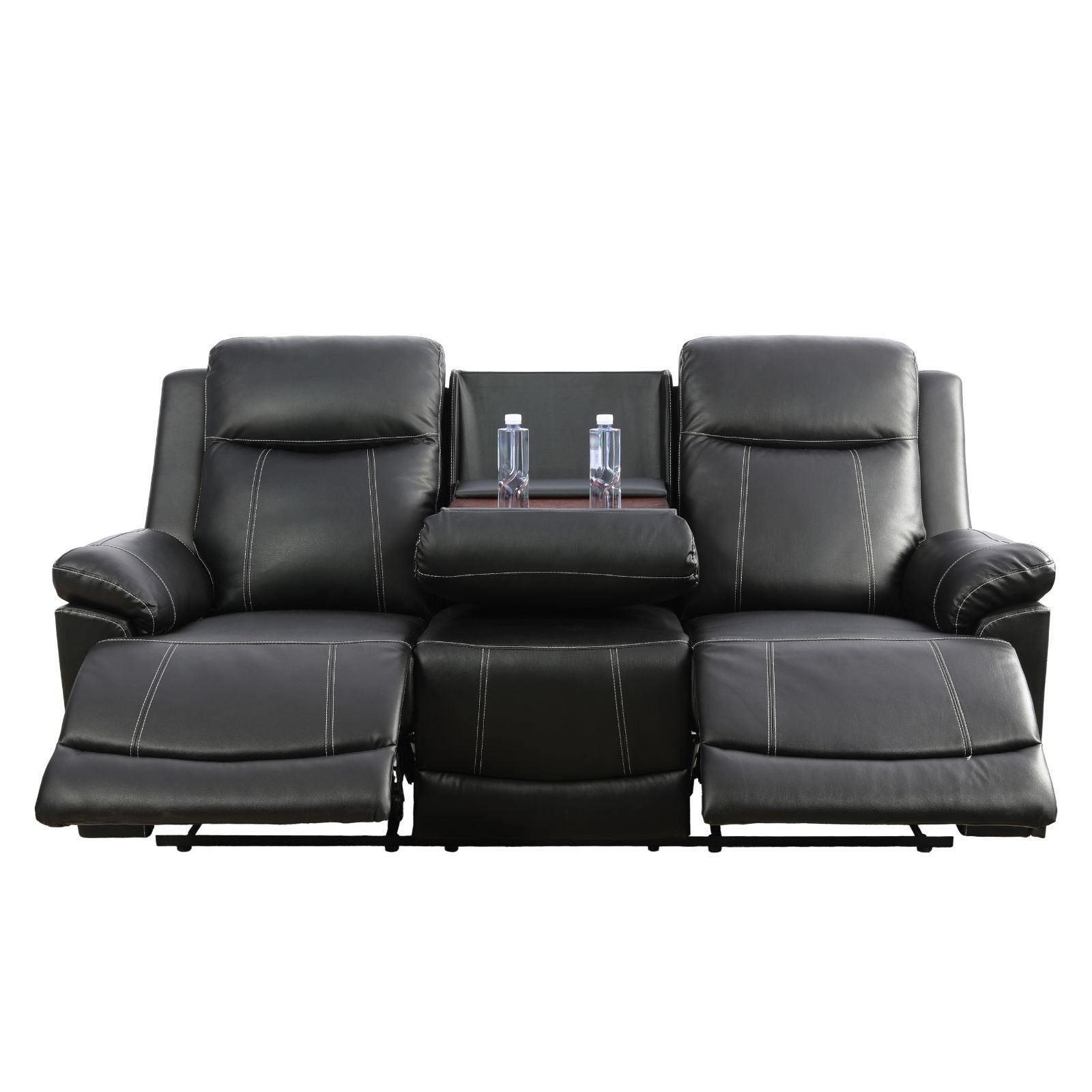 81 inch modern faux leather 3 seater sofa couch with 2 cup holders and two recliner chaise,recliner sofa with padded armrest for living room,dorm Black