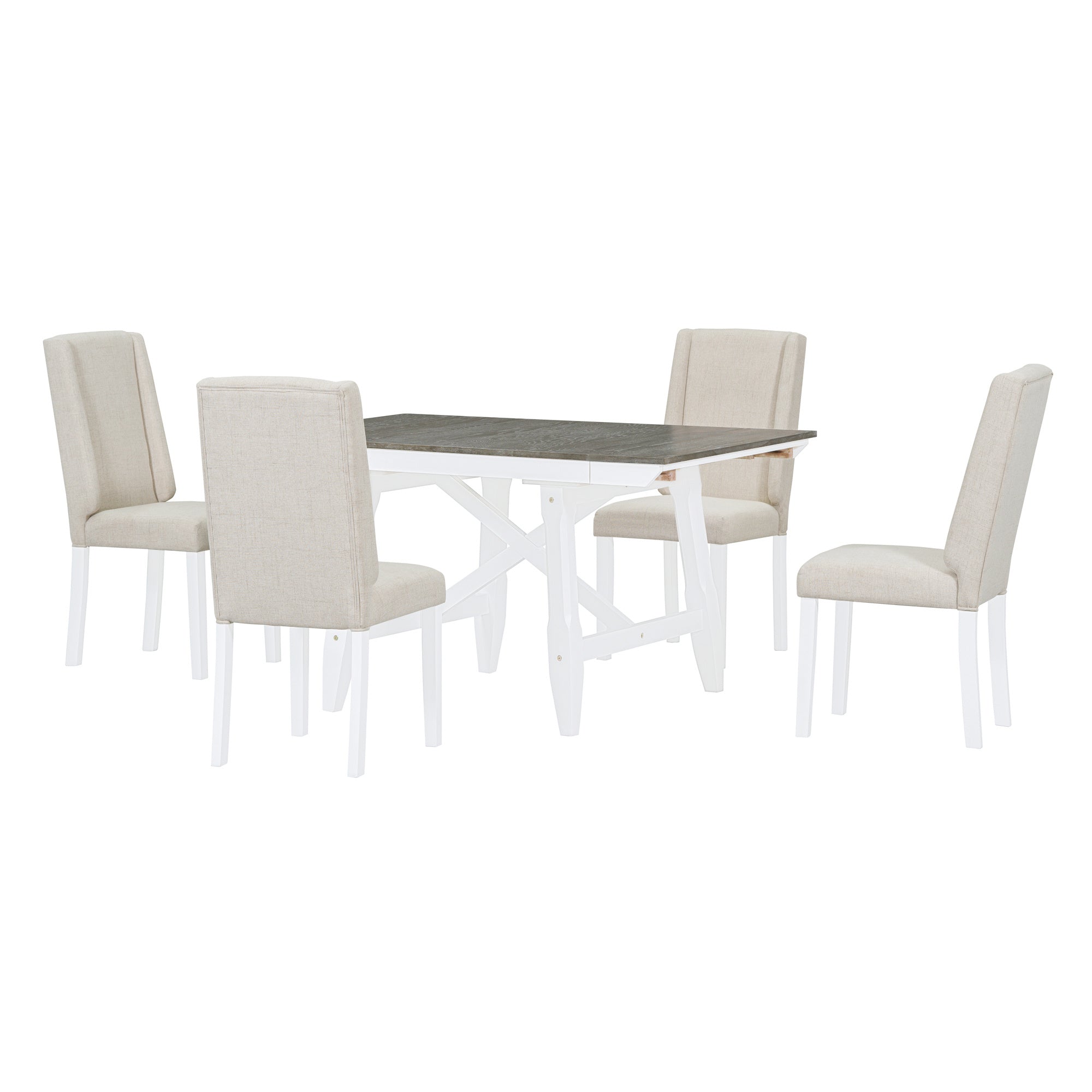 TREXM 6-Piece Classic Dining Table Set, Rectangular Extendable Dining Table with two 12"W Removable Leaves and 4 Upholstered Chairs & 1 Bench for Dining Room (Brown+White)