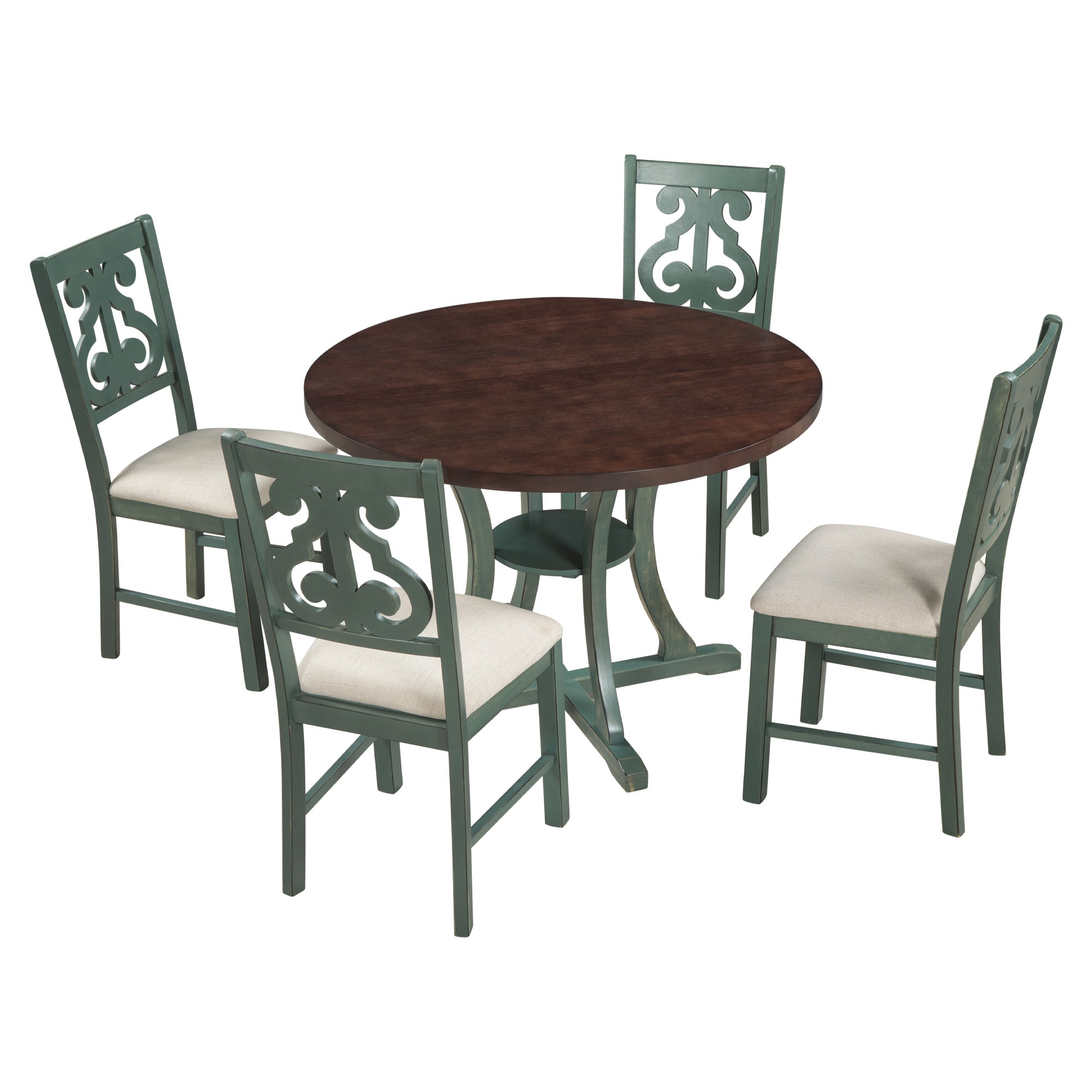 TREXM 5-Piece Round Dining Table and 4 Fabric Chairs with Special-shaped Table Legs and Storage Shelf (Antique Blue/ Dark Brown)