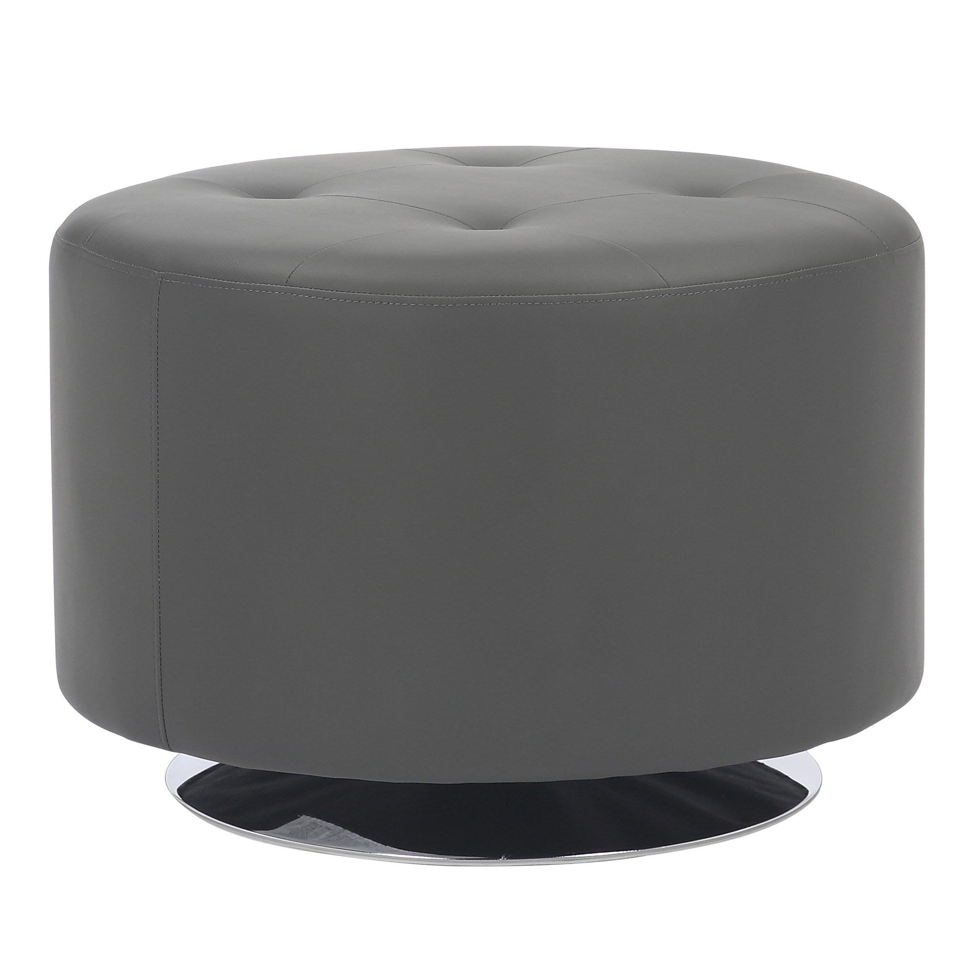 Mason Round Swivel 26" Contemporary Ottoman in Chrome Metal and Grey Faux Leather by LumiSource